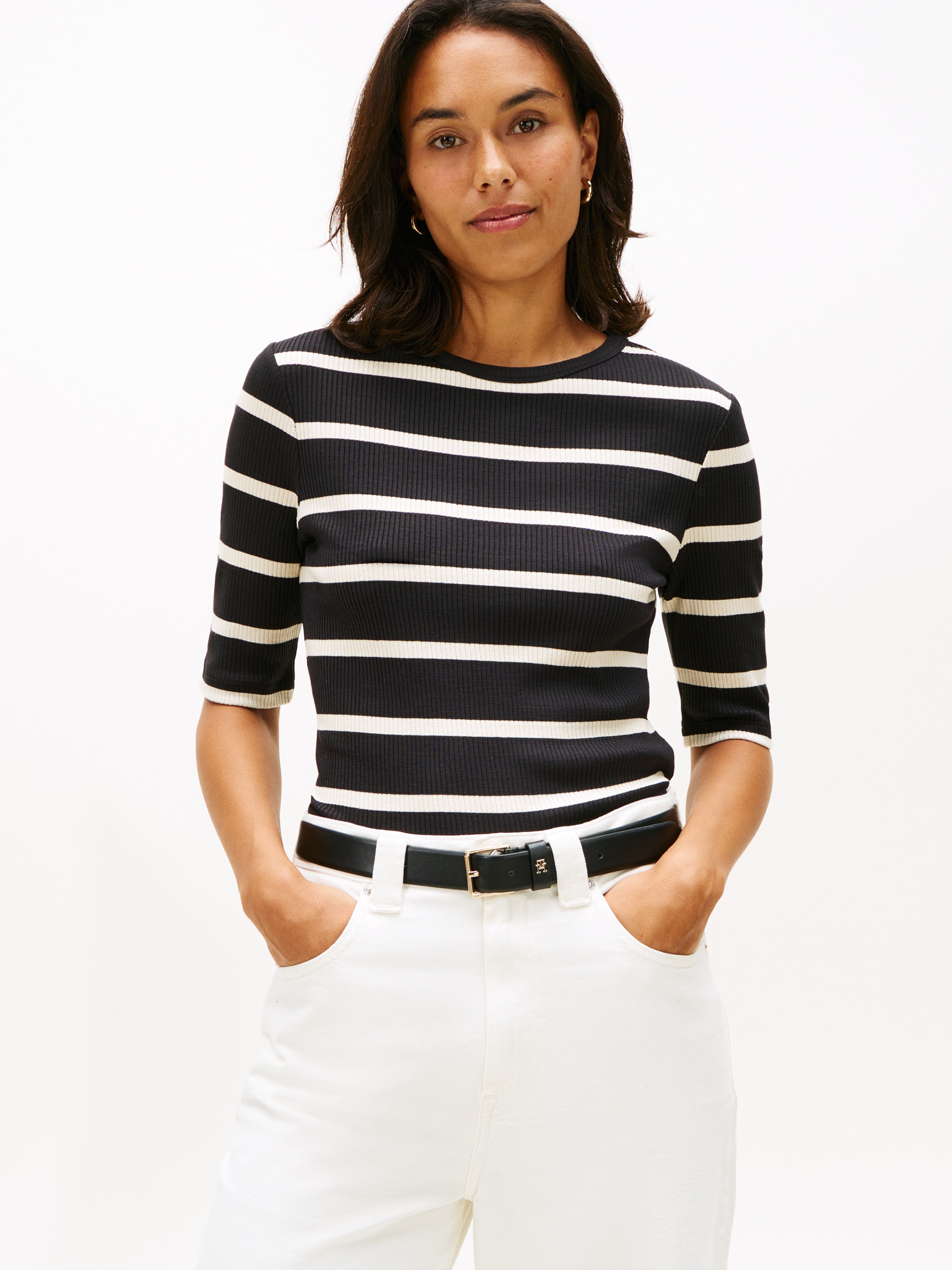 Tommy Hilfiger Kurzarmshirt »SLIM 5X2 RIB C-NK 1/2 SLV mit Rundhals und Rippstruktur« unifarben, casual, slim fit, Viskosemix, Rundhals