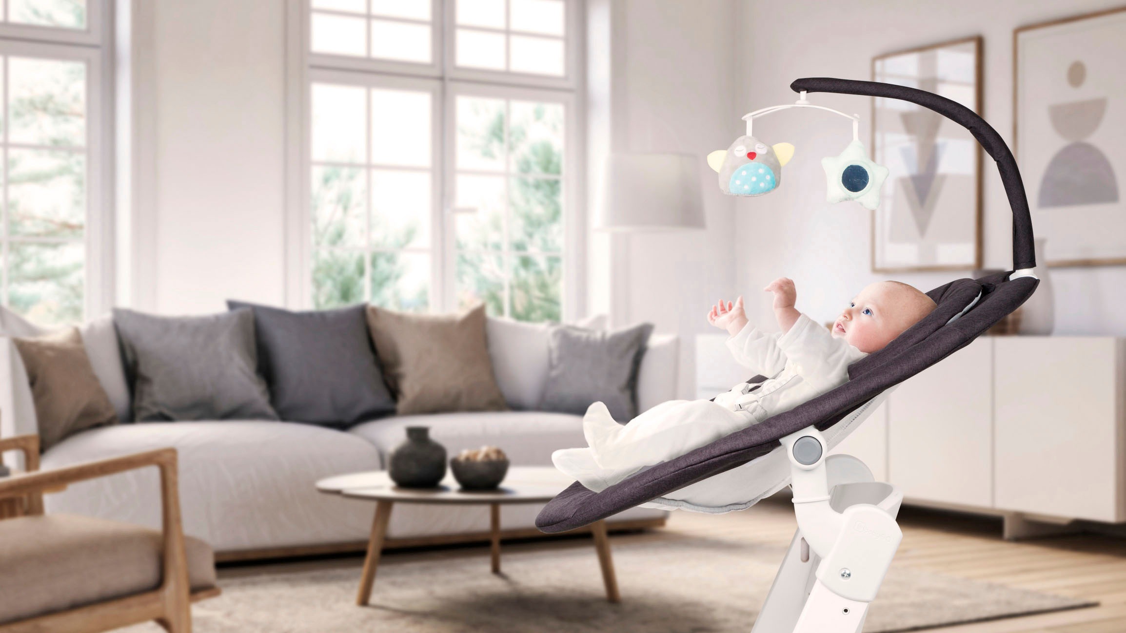 BabyGo Hochstuhl »Family Homey Set, grau/hellgrau« () mit elektrischer Babywippe inkl. Spielbogen