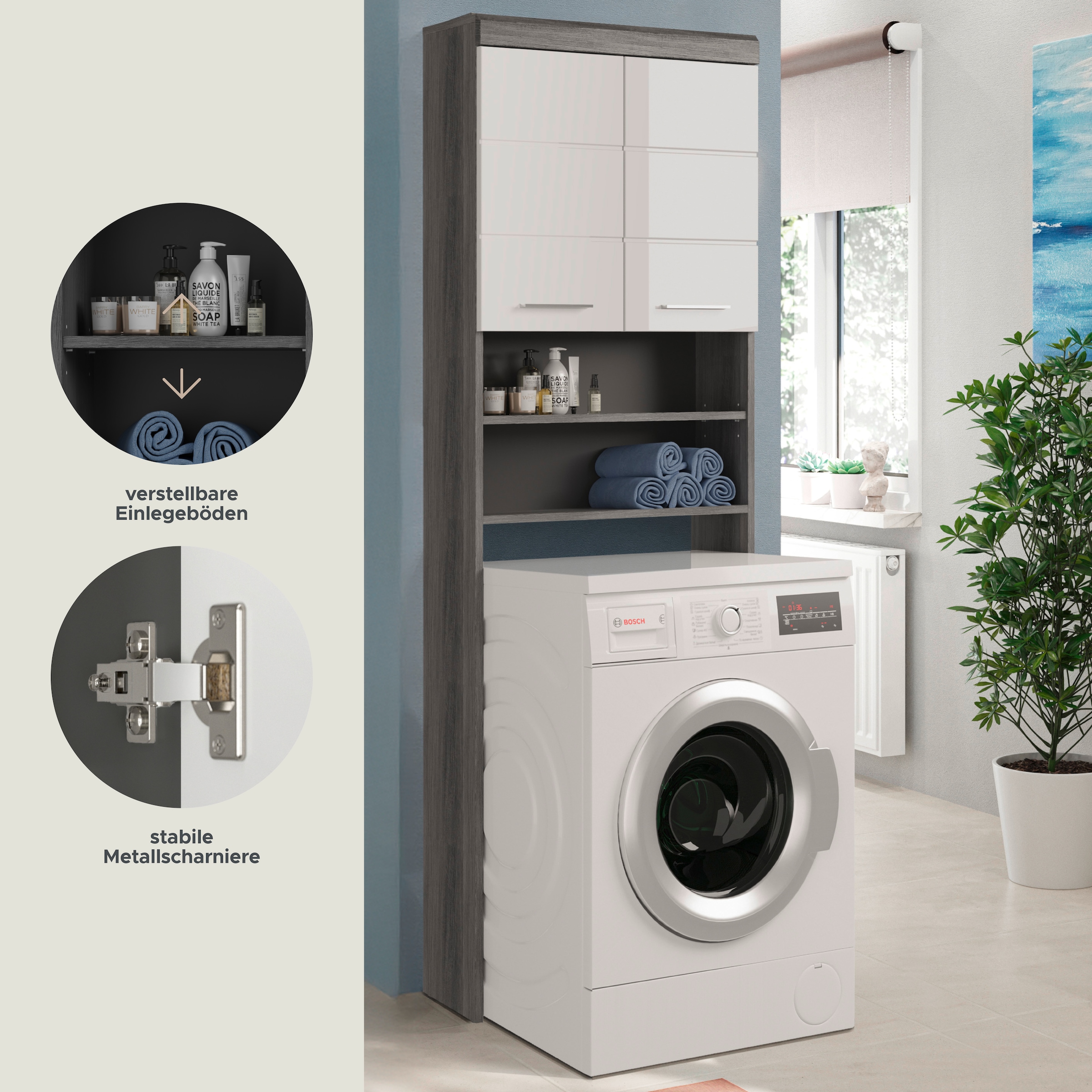 INOSIGN Waschmaschinenumbauschrank »Siena, Breite 63cm, für Waschmaschine & Trockner, 2 Türen, MDF-Front«, in verschiedenen Farben, Überbauschrank, Umbauschrank, Badschrank