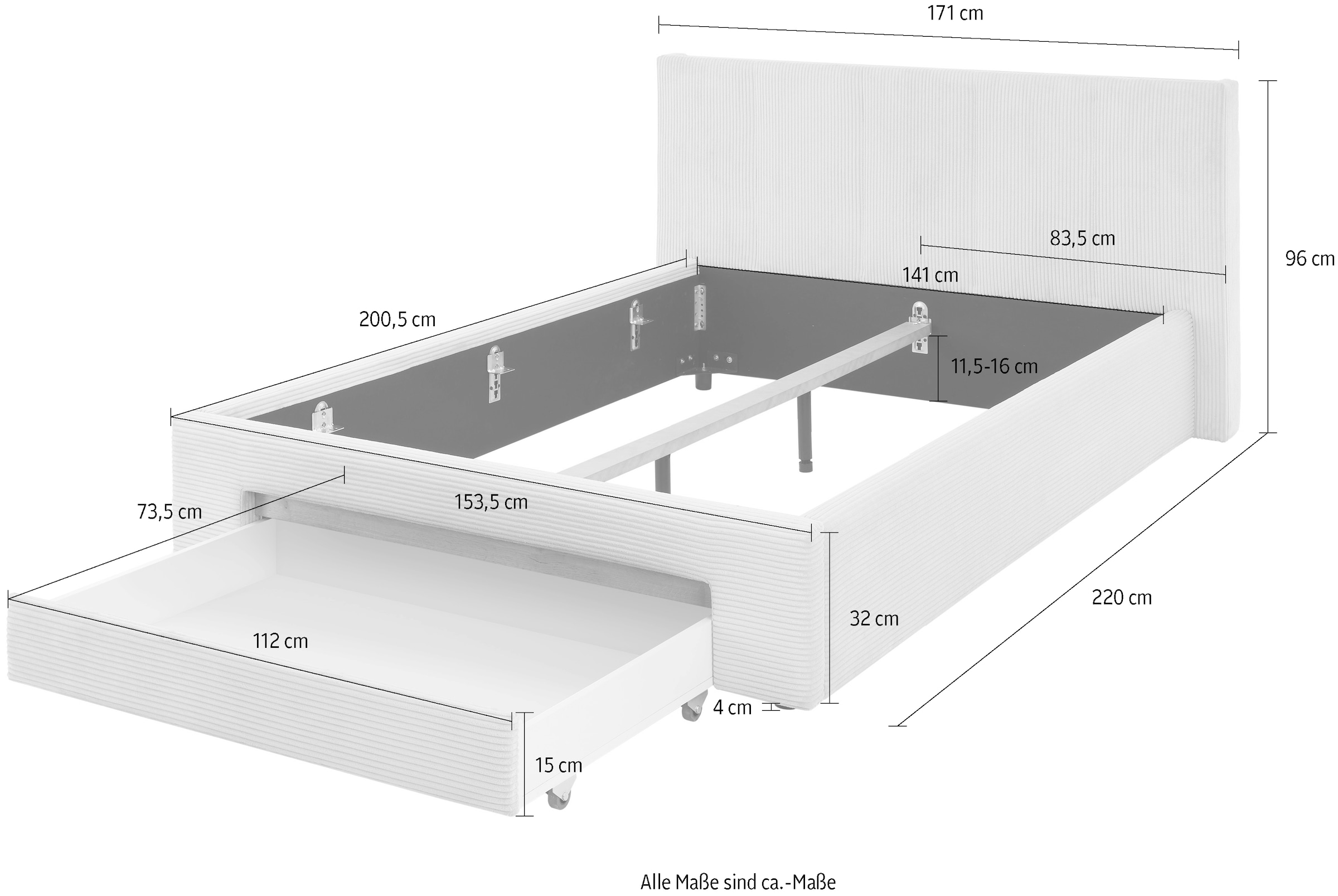 INOSIGN Polsterbett »CiTY/GiRON, Bettgestell mit Bettkasten, gepolstertes Stauraumbett«, mit Hundebett oder Stauraumschublade, Bezug Cord-oder Leinenoptik