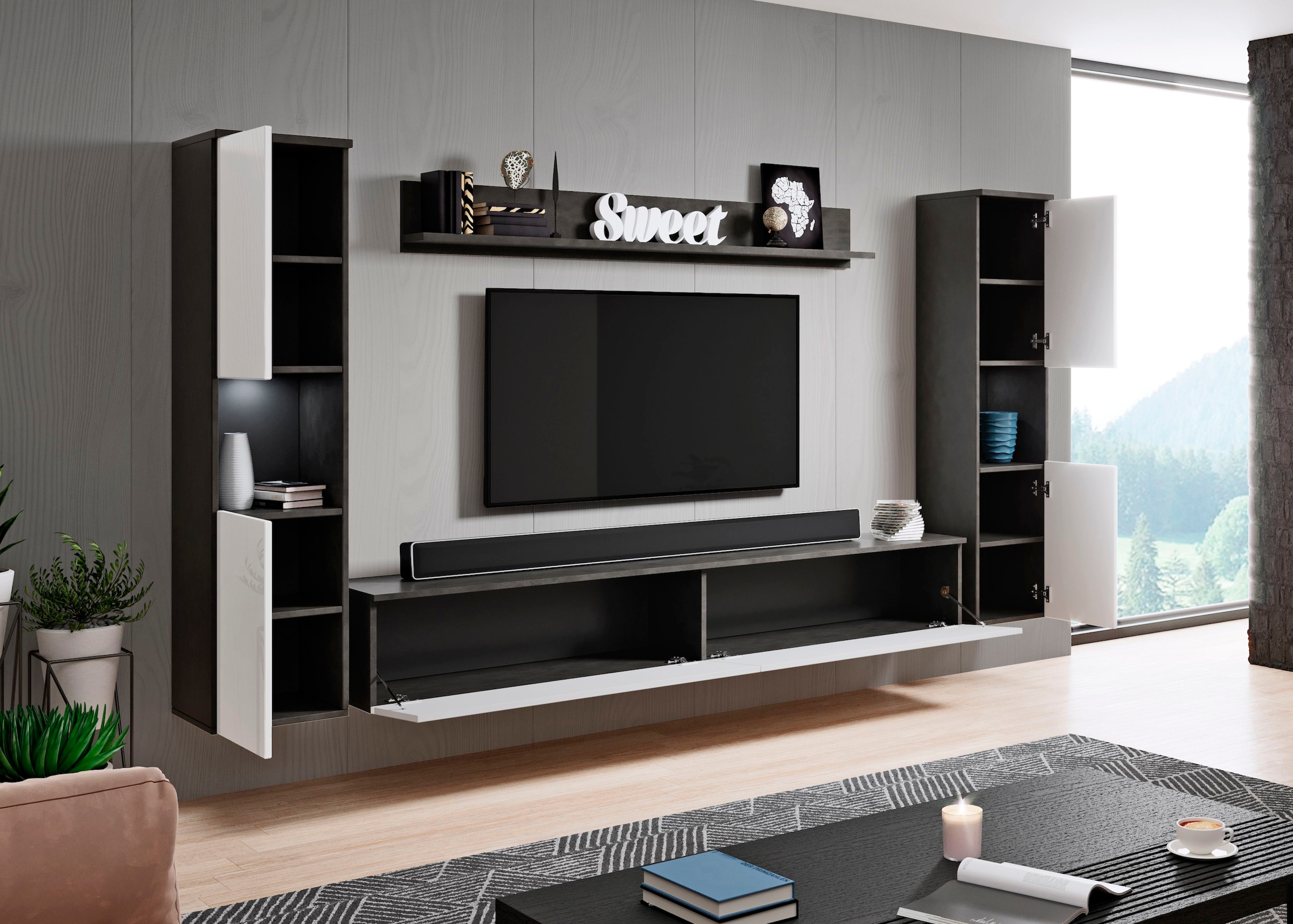 INOSIGN Wohnwand »PARIS«, (Komplett-Set, 4 St.), TV-Wand 260cm breite, grifflose Design, stehend und hängend montierbar