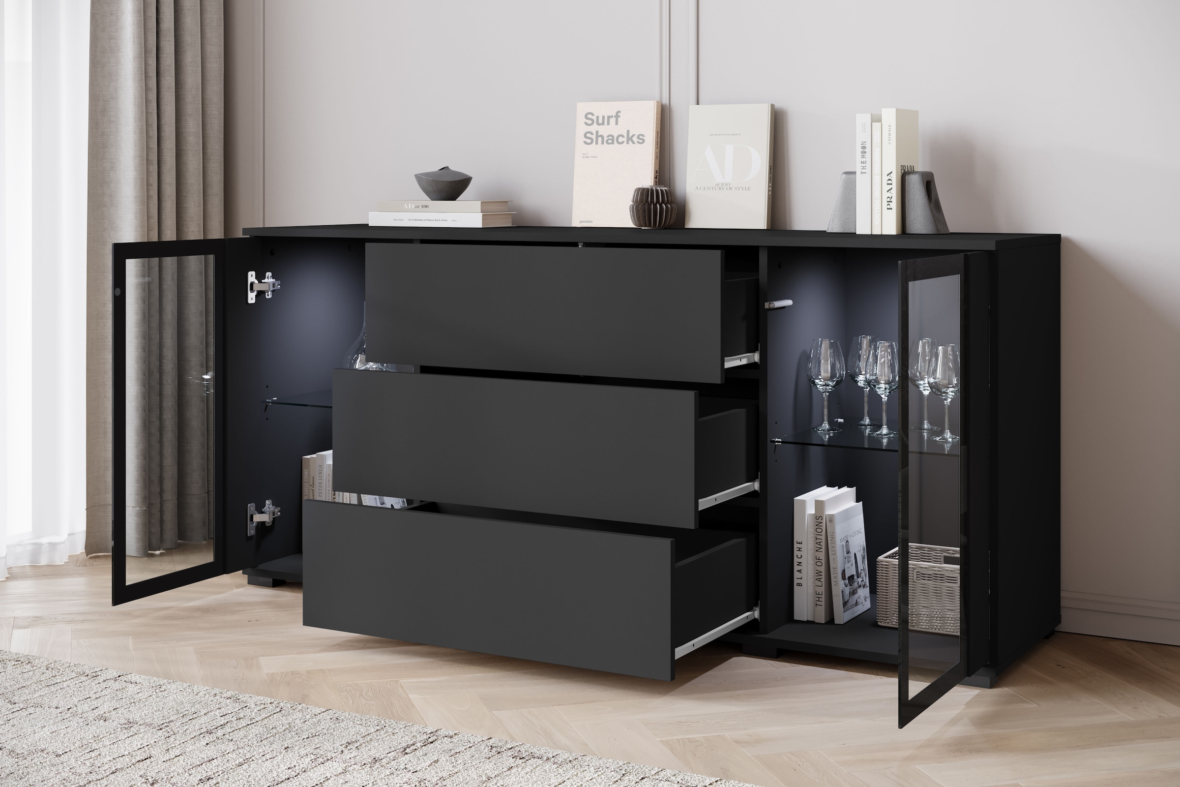 INOSIGN Sideboard »modernes Design mit Glaseinsätzen und 3 Schubladen, Breite 150 cm«, (1 St.), Grifflose Fronten mit Push-to-Open, höhenverstellbare Einlegeböden