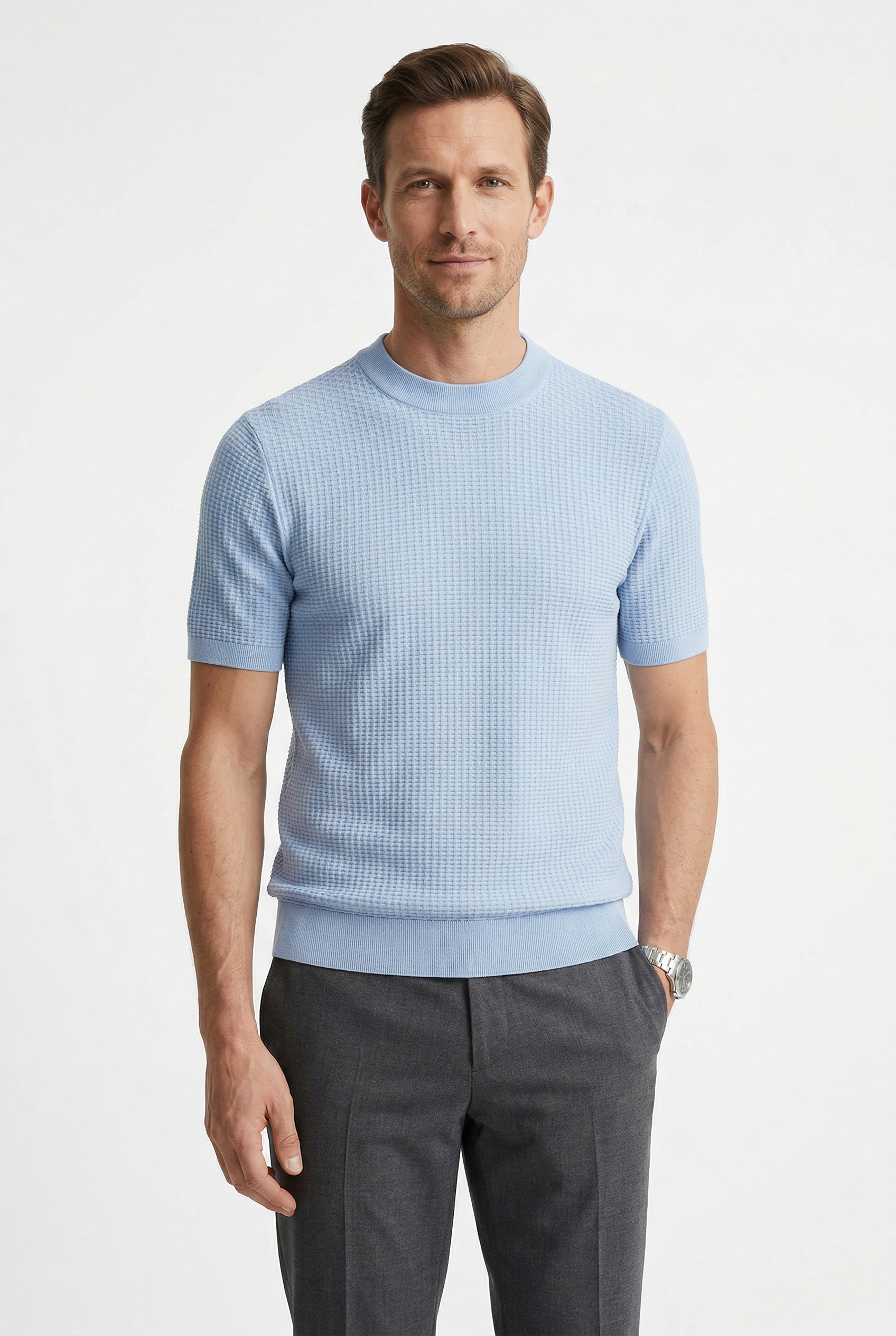 BOSS Kurzarmpullover »Nilton« Premium Menswear Business-Casual-Look, Strukturstrick-Material
