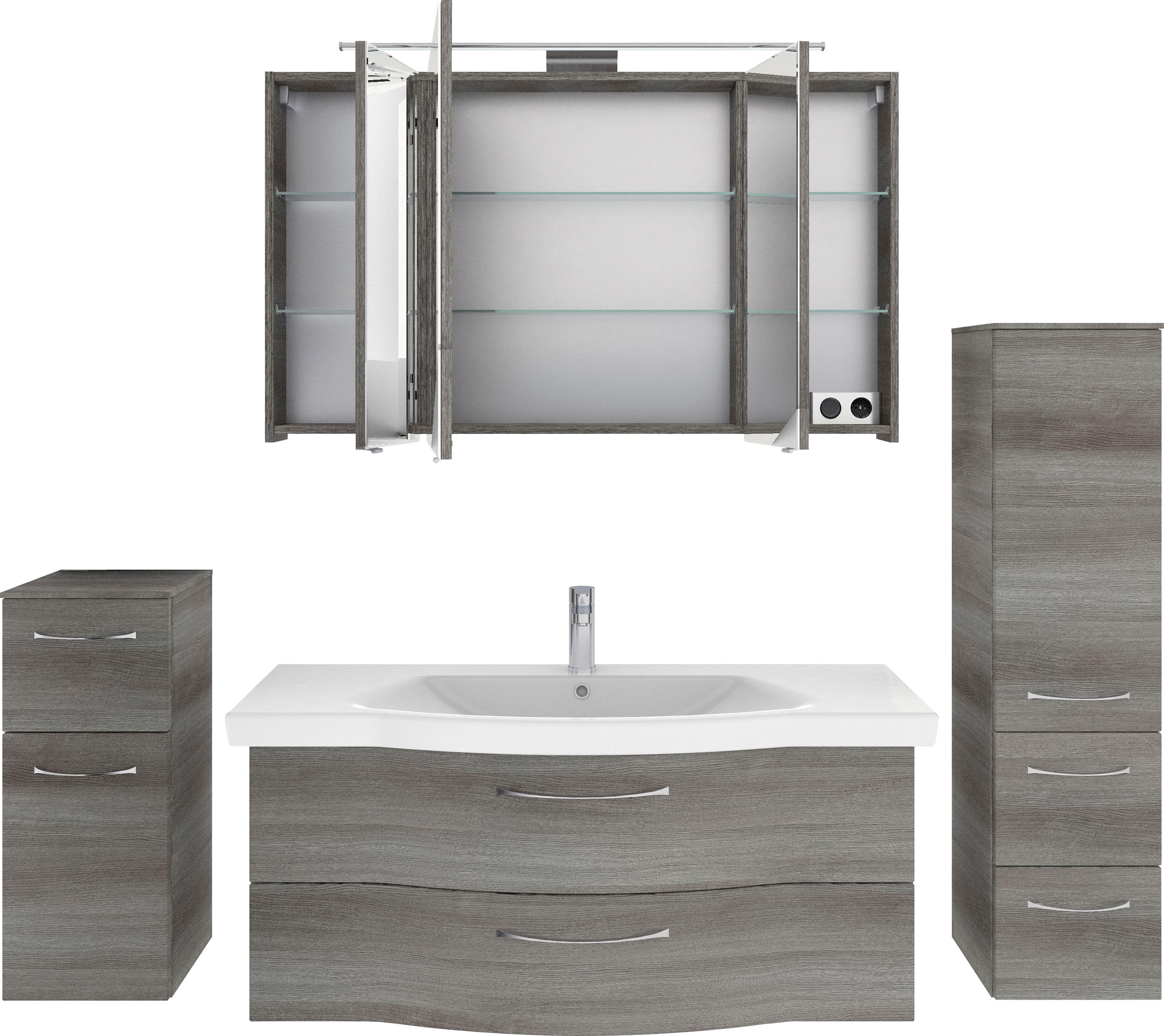 Saphir Badmöbel-Set »6005 Sprint 4-teilig, Keramik-Waschtisch mit LED-Spiegelschrank«, (5 St.), Unterschrank, Midischrank, inkl. Türdämpfer, 5 Türen, 5 Schubladen