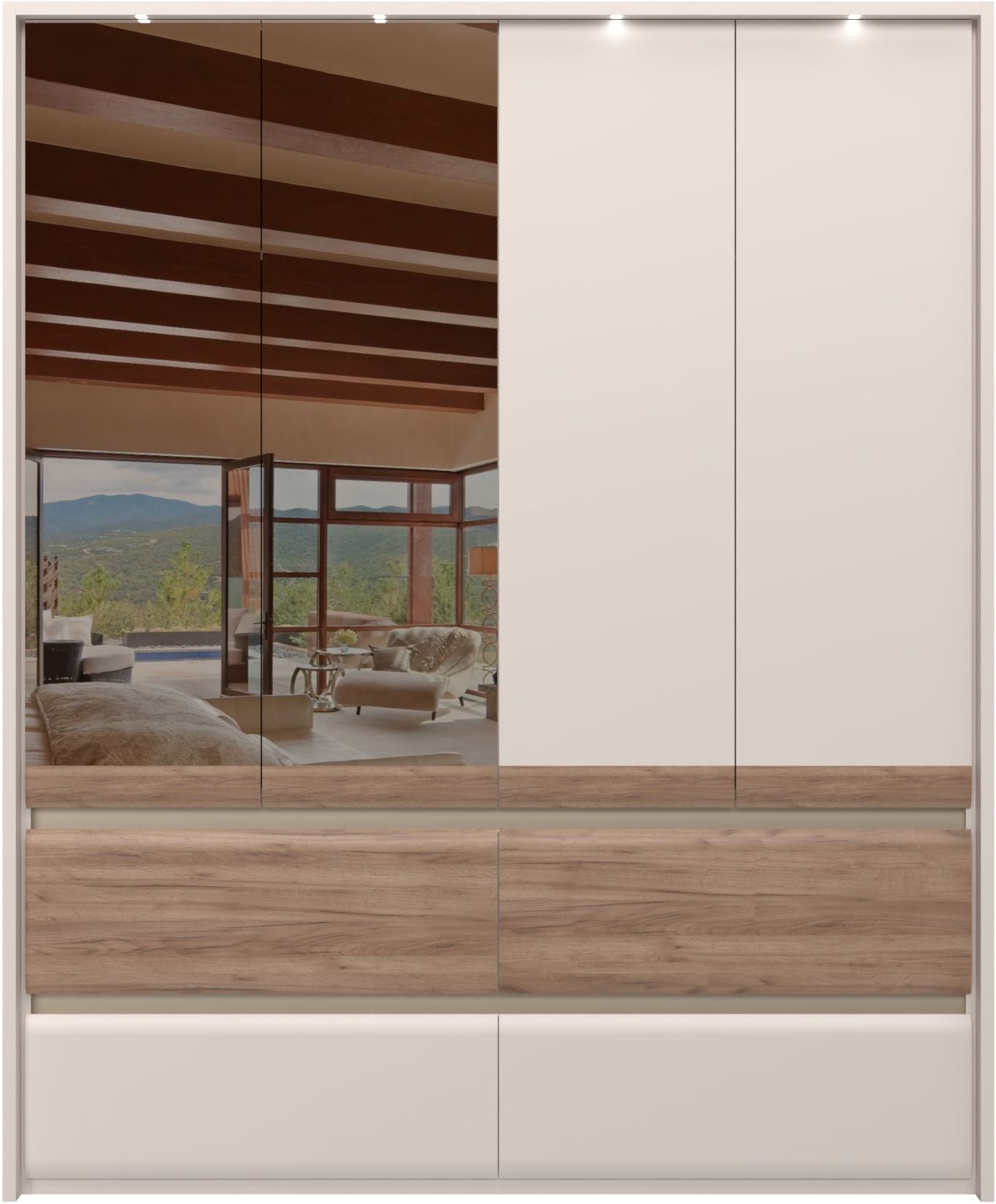 PLACES OF STYLE Kleiderschrank »Invictus, UV lackiert, FSC-zertifiziert, grifflose Optik« abgerundete Schubladen aus MDF im Holzdekor, soft-close,  mit Beleuchtung und Spiegel, in 4 Breiten, hoher Schrank (226cm)