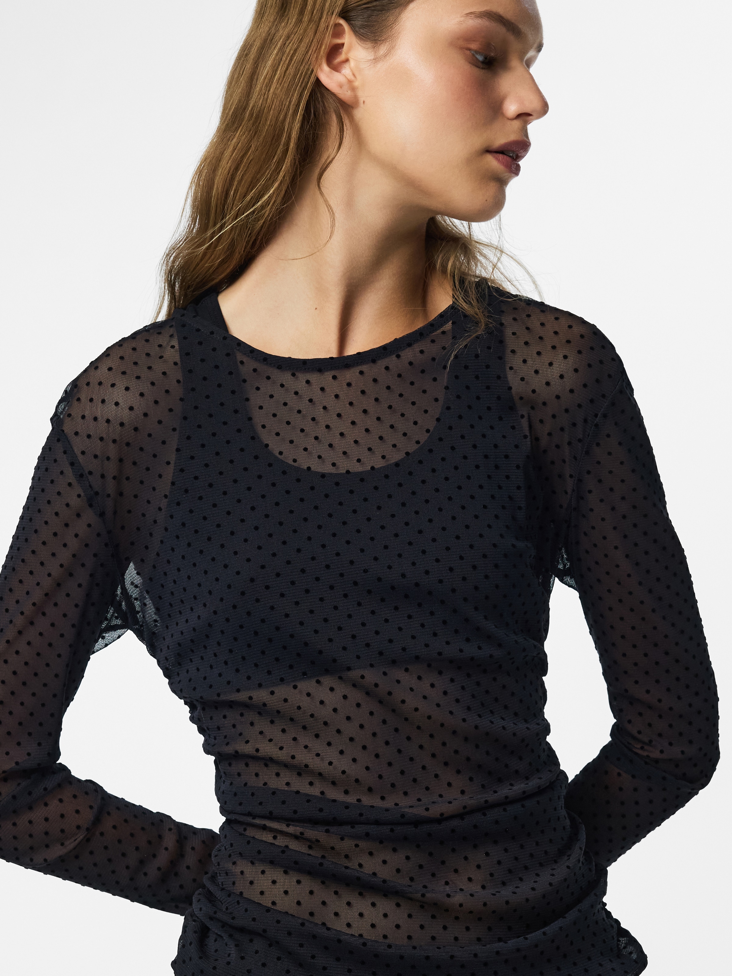 pieces Langarmshirt »PCBOBO LS MESH ROUCHING TOP JRS NOOS« Kunstfaser, transparente Meshqualität