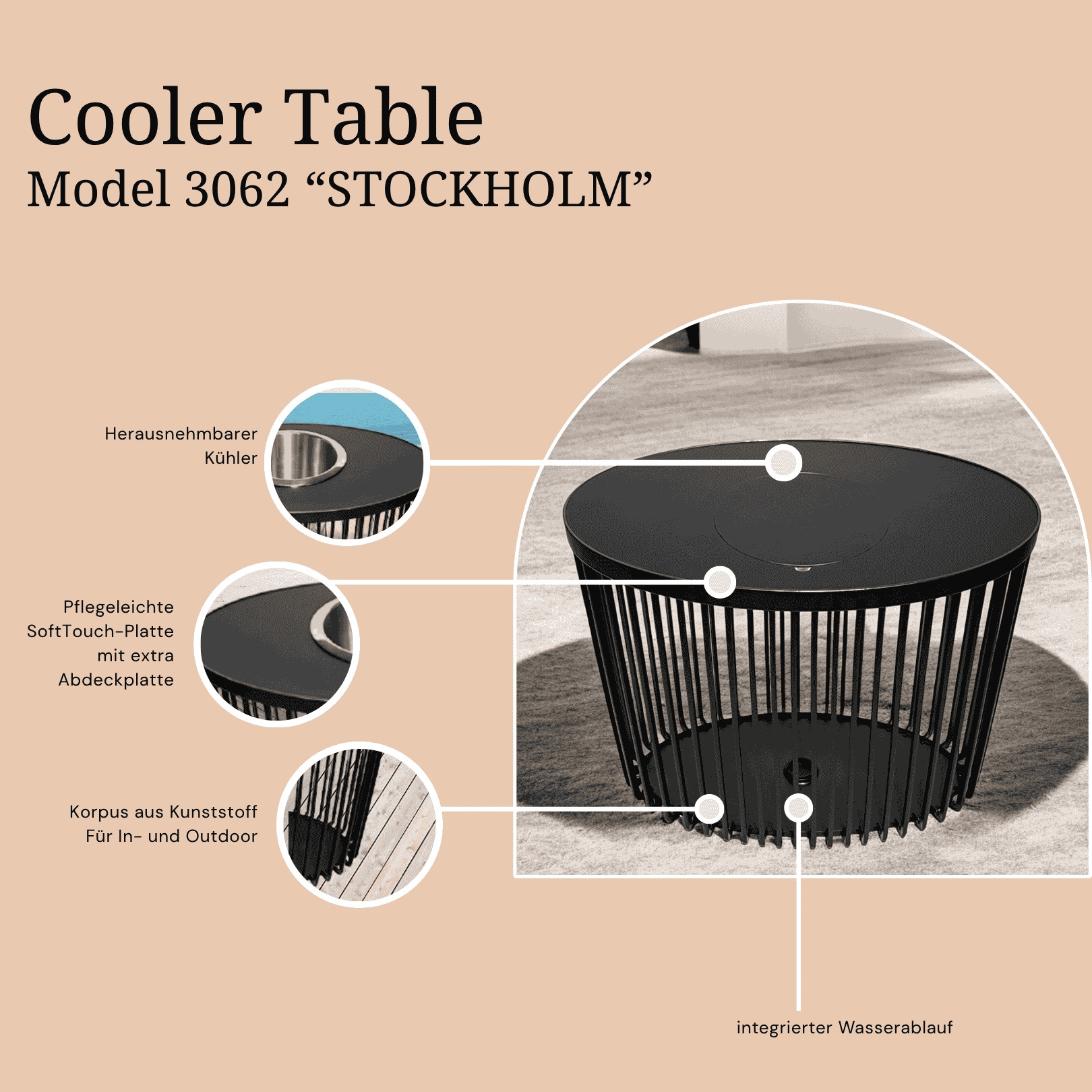 COOTAB Cooler Table Beistelltisch »3-in-1 Loungetisch mit Acryl-Kühler Stockholm 46 cm schwarz« 1 Stk. tlg. Wetterfest, Pflegeleicht, Hitzebeständig, Stapelbar
