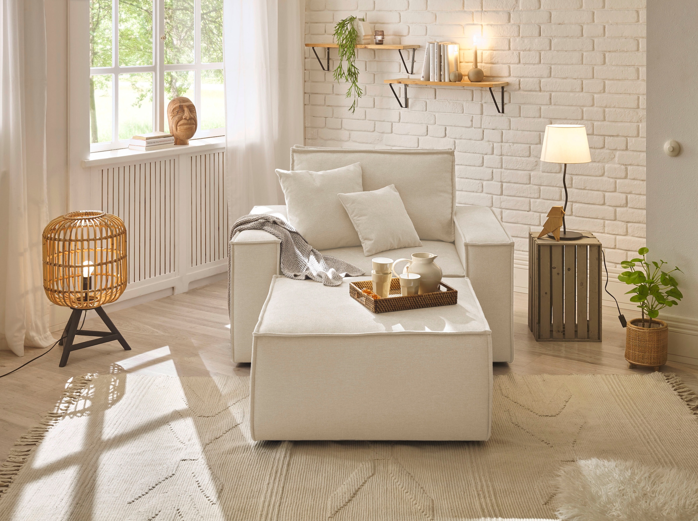 OTTO home Loveseat »FINNLEY Struktur fein, Loveseat & Hocker im Set, inkl. Zierkissen« 2 Stk. tlg. verfügbar in den Stoffqualitäten Bouclé, Struktur fein und Mega Cord