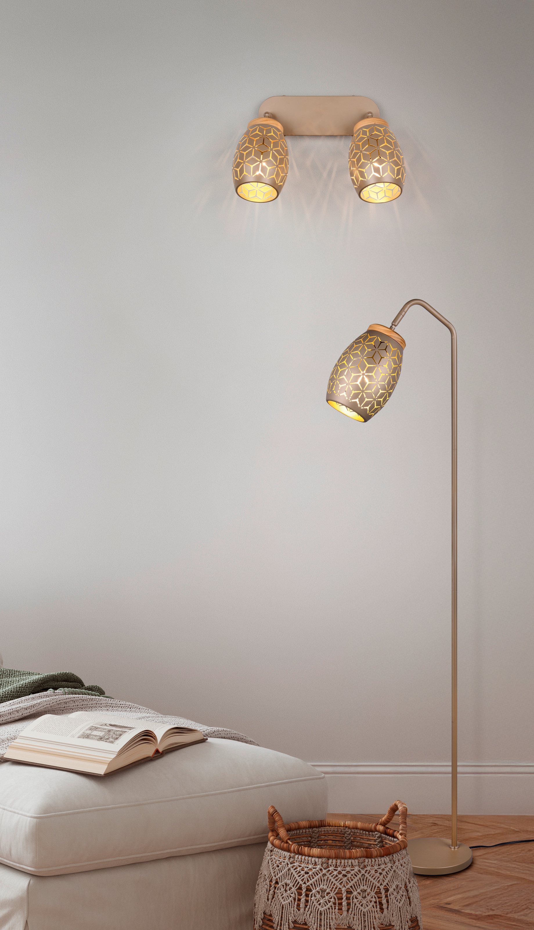 REALITY Leuchten Stehlampe »BIDAR, Stehleuchte Höhe 147 cm mit Fußschalter, exkl 1x E27 max 10W« E27 1 Stk. warmweiß - kaltweiß Metall-Lampenschirm mit Lasercut Muster und Holz-Dekoelement