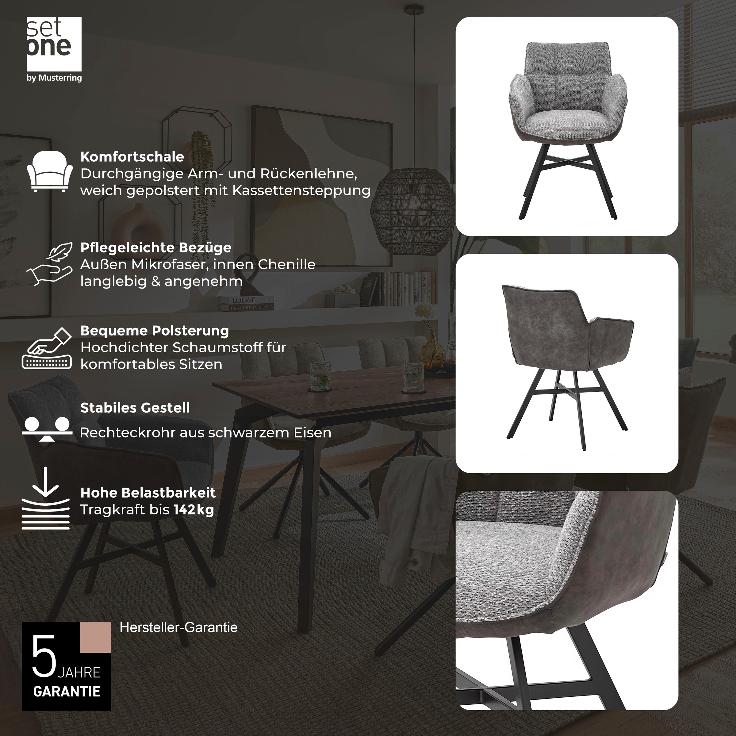 set one by Musterring Esszimmerstuhl »Frisco-B«, (Set), 2 St., Microfaser-Chenille, Bezug innen Chenille und außen Microfaser, Vierfuß-Gestell schwarz