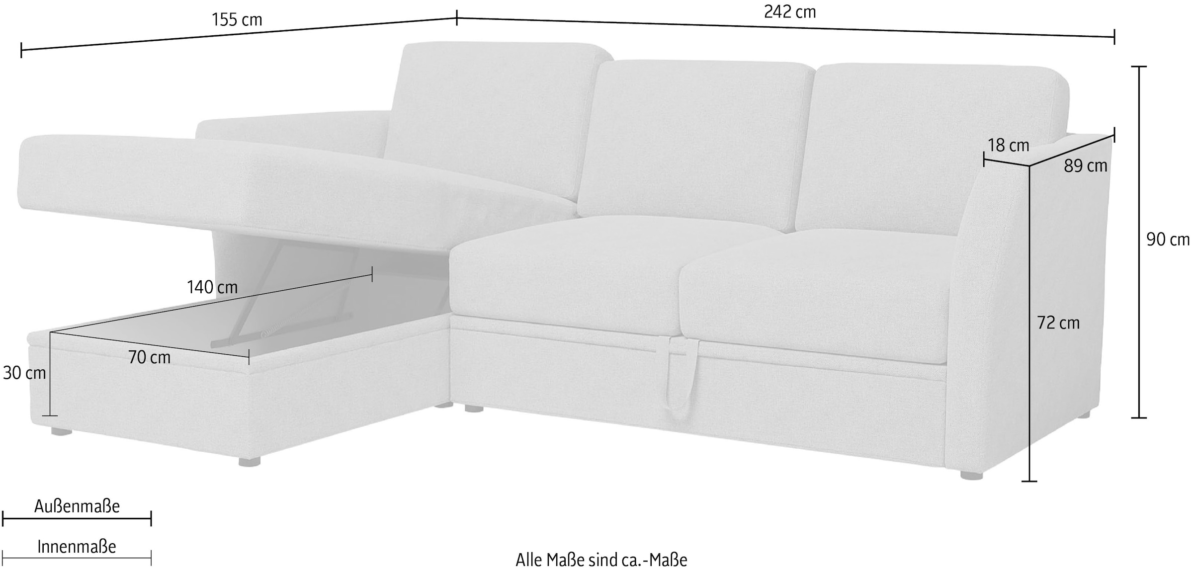 Home affaire Ecksofa »Lavars, L-Form, Schlafsofa«, mit Bettfunktion und Stauraum, in zwei verschiedenen Bezugsqualitäten