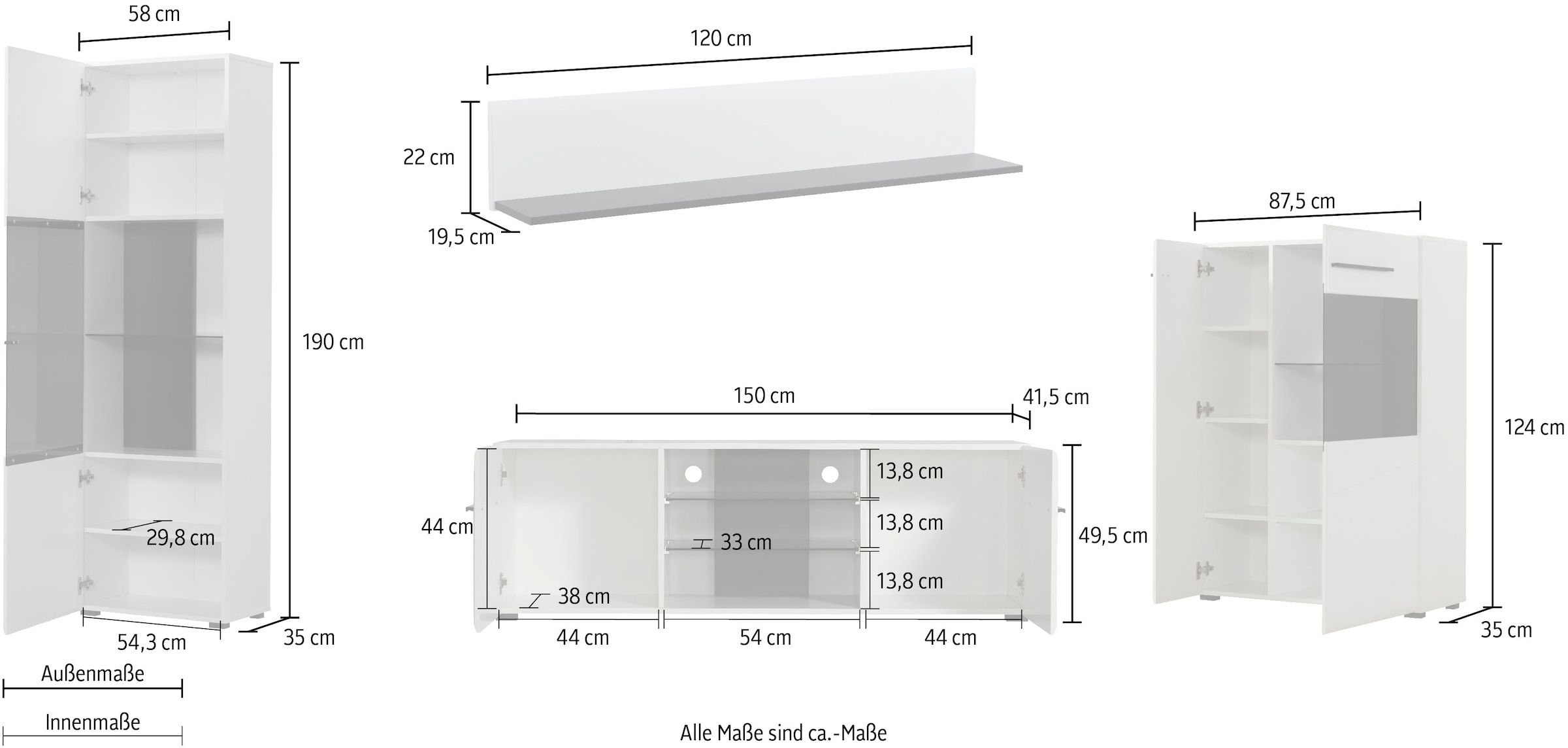 INOSIGN Wohnwand »Trentino«, (Set, 4 St.), Inkl. Vitrine, Low-Board, Highboard und Wandregal