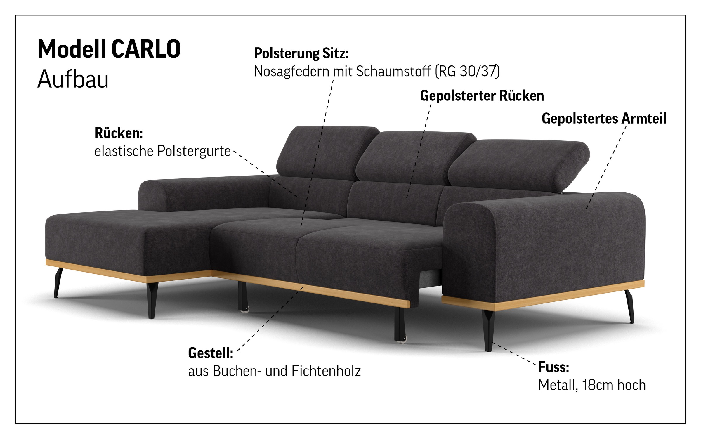 Places of Style Ecksofa »Carlo L-Form«, mit Kopfteilverstellung & Holz-Rahmenoptik, wahlweise Relaxfunktion