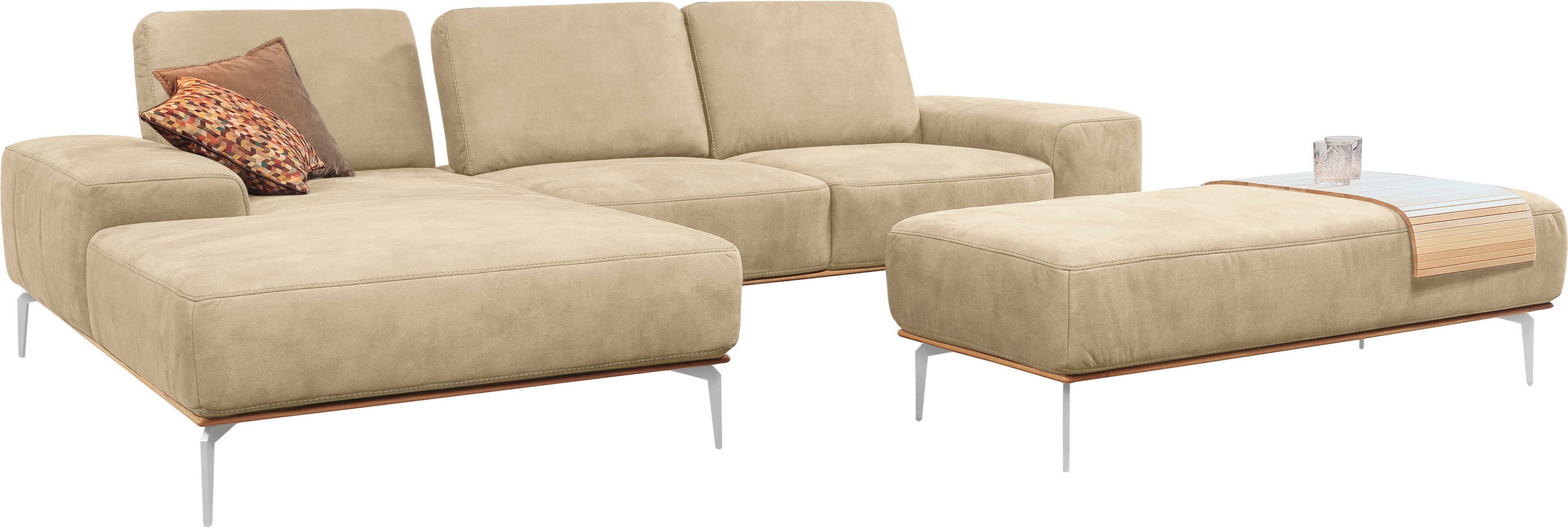 W.SCHILLIG Polsterhocker mit elegantem Holzsockel, Füße in Chrom glänzend, Breite 150 cm