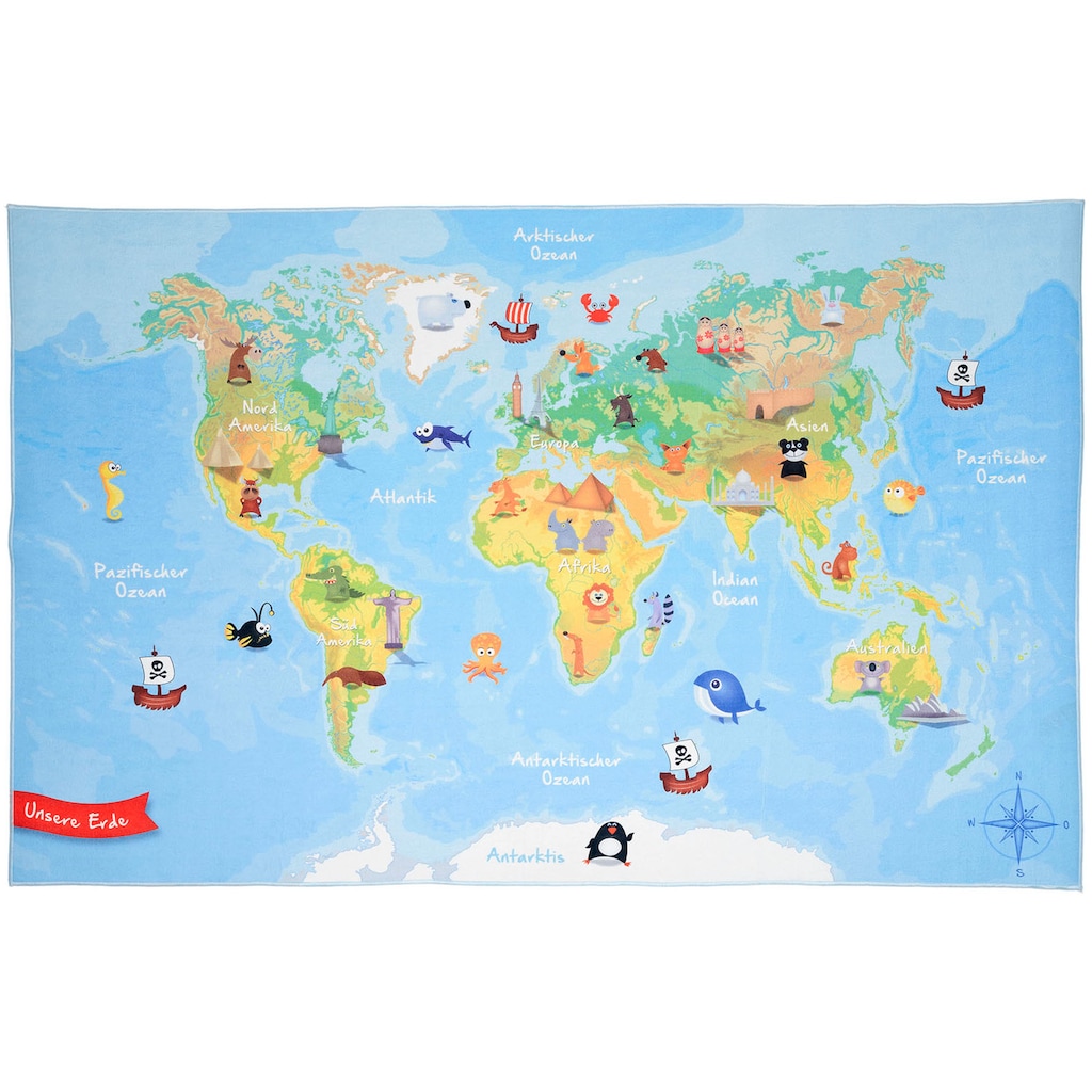 Böing Carpet Kinderteppich »Weltkarte«, rechteckig, bedruckt, waschbar, Kinderzimmer