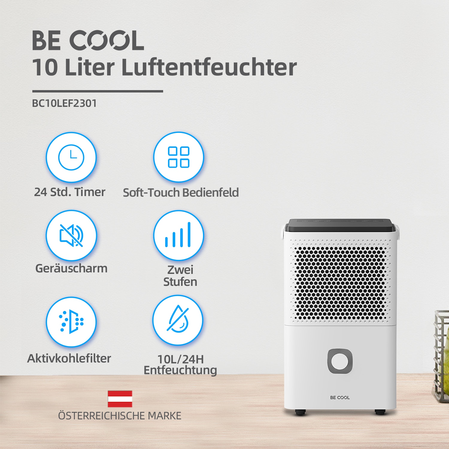 be cool Luftentfeuchter »BC10LEF2301«, für 38 m³ Räume, Entfeuchtung 10 l/Tag, Tank 1,8 l