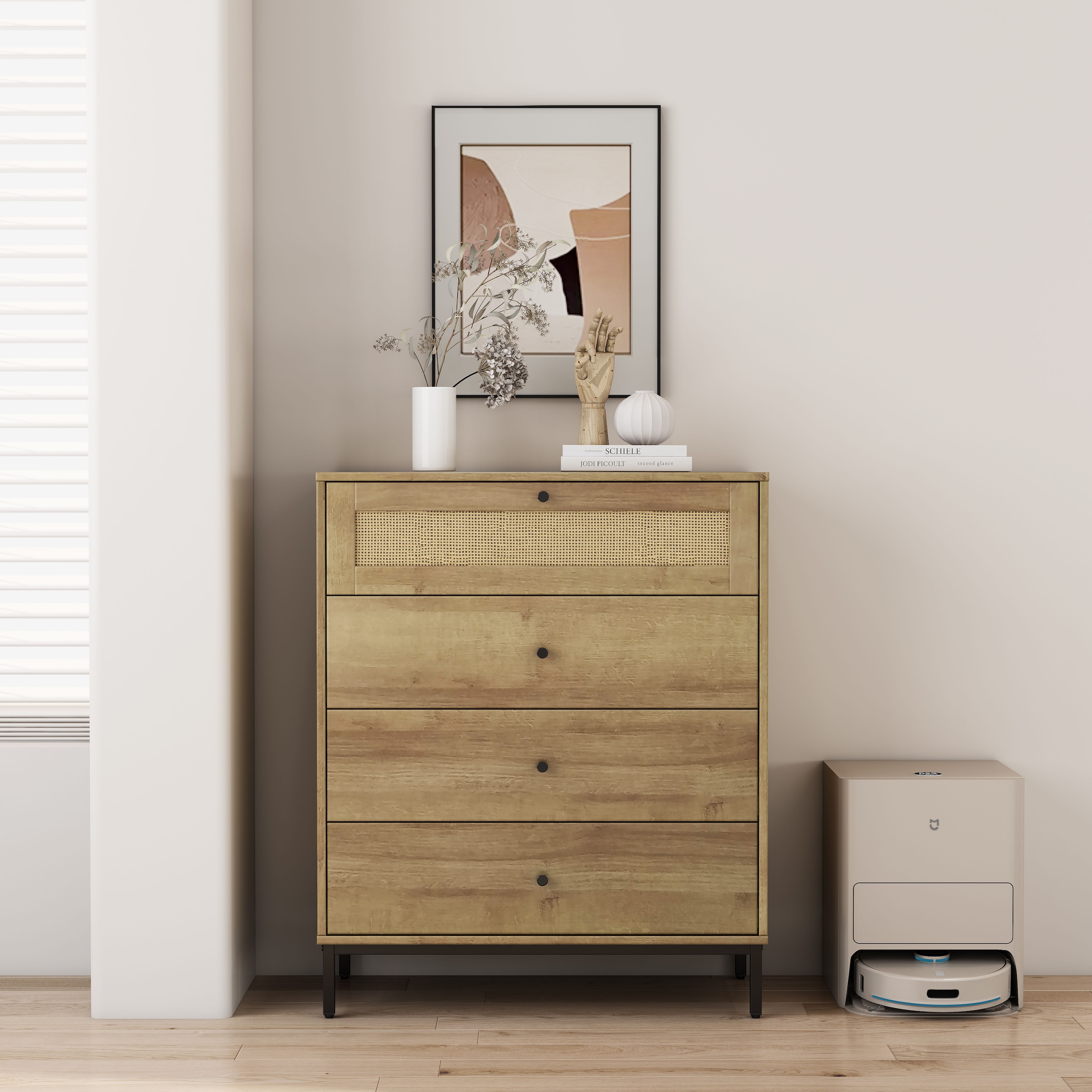 OTTO home Kombikommode »Motala Sideboard Wäscheschrank im BOHO Design Bestseller Kommode« Eichen-Design mit Geflecht Schublade und schwarzen Griffen,  Schrank Schlafzimmer mit 4 Schubladen hochwertig