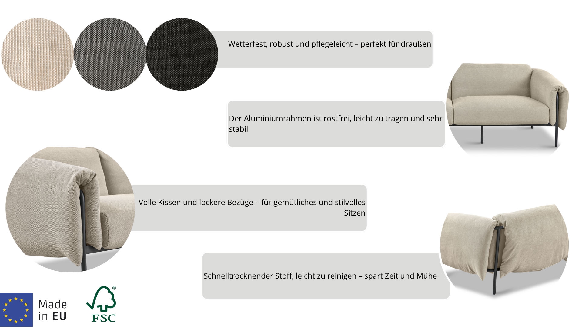 andas 2-Sitzer »Lumi« Outdoor Gartensofa, wetterfeste Materialien, Breite 186 cm