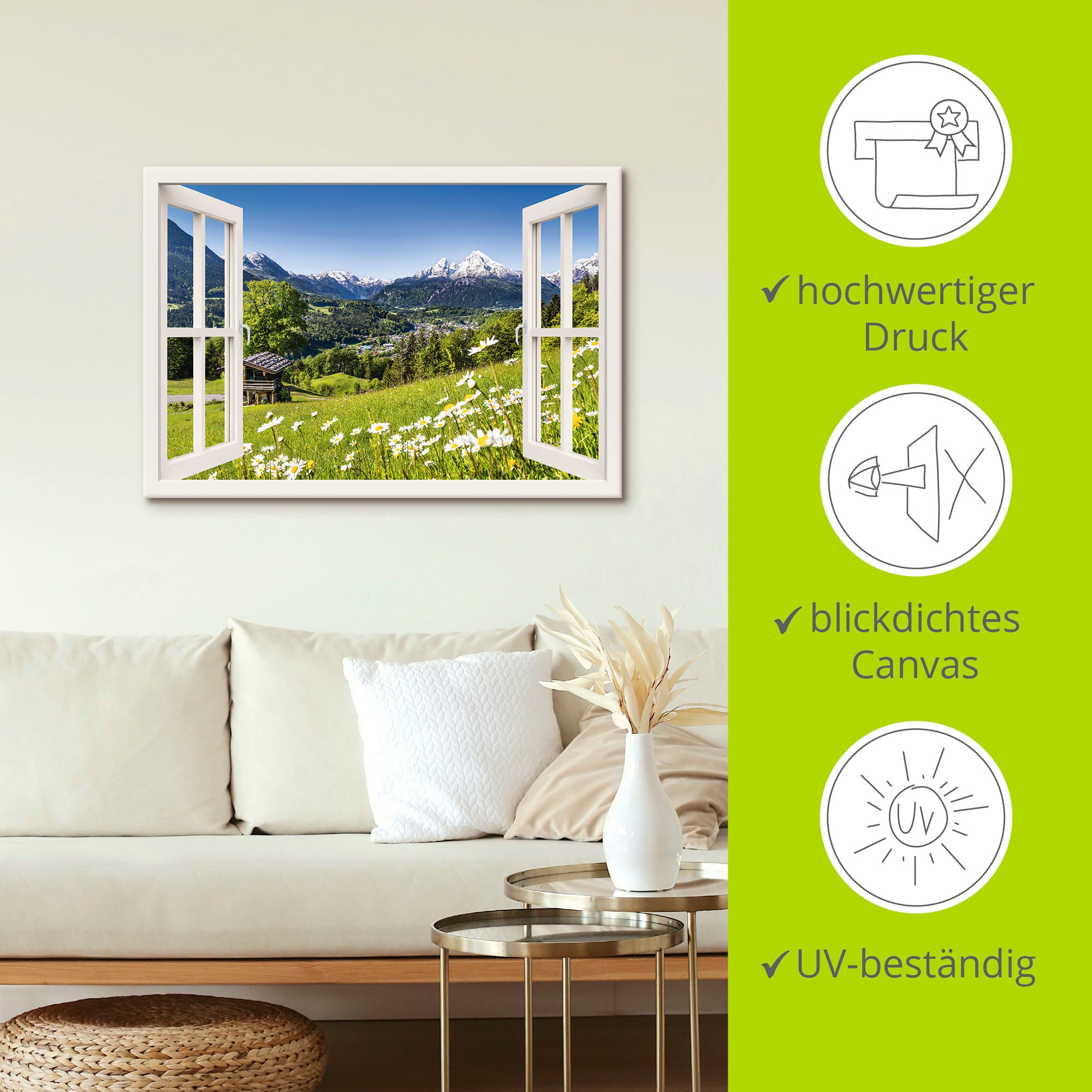 Artland Wandbild »Fensterblick Bayerischen Alpen«, Berge, (1 St.), als Alubild, Leinwandbild, Wandaufkleber oder Poster in versch. Größen