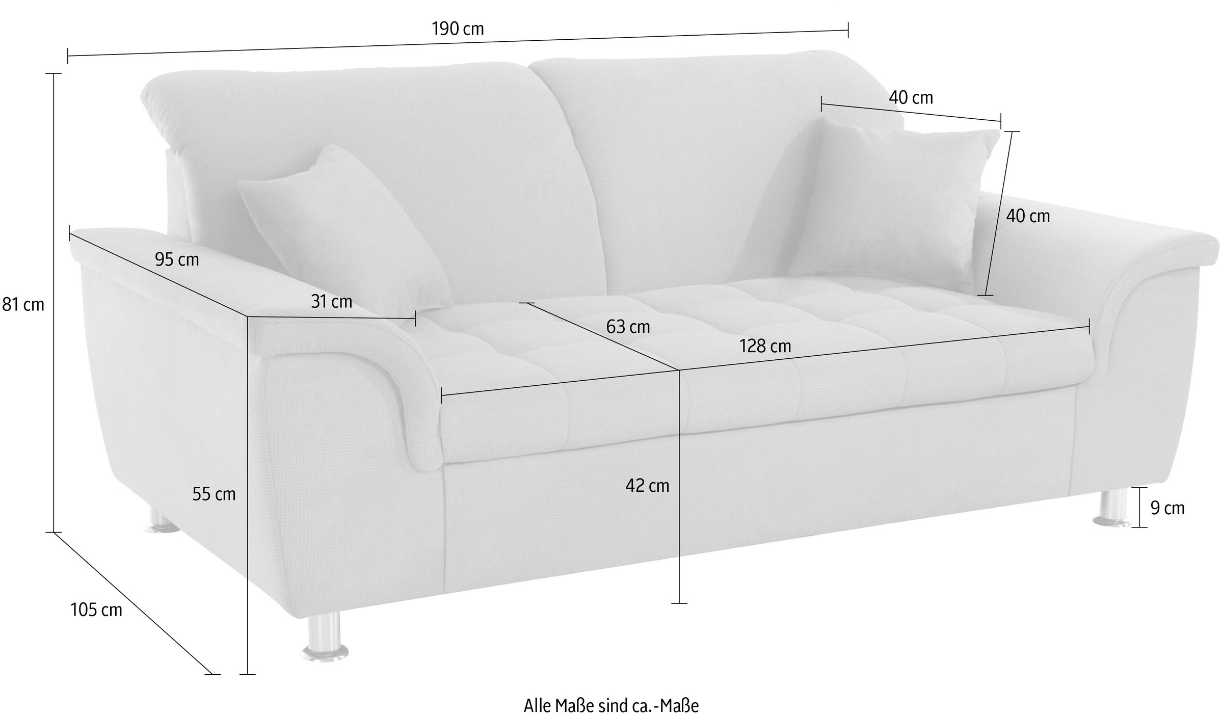 DOMO collection 2-Sitzer »Franzi, zeitlos & elegant, moderne Sitzheftung«, wahlweise mit Kopfteilverstellung, inklusive Zierkissen