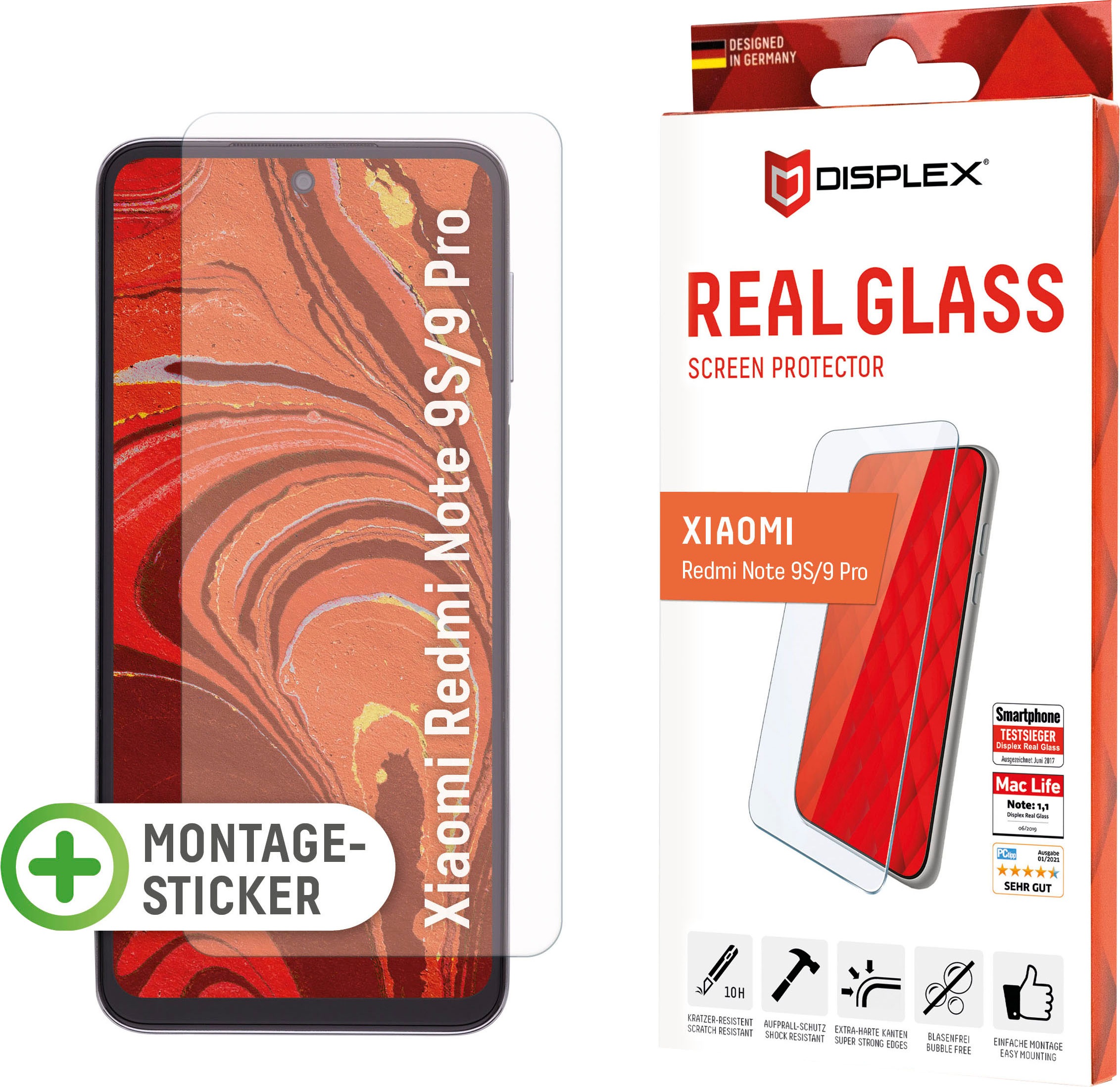Displex Displayschutzglas »DISPLEX Real Glass Panzerglas für Xiaomi Redmi Note 9S/9 Pro (6,7), 10H Tempered Glass, mit Montagesticker, 2D«, für Xiaomi Redmi Note 9S/Note 9 Pro, (1 St.)