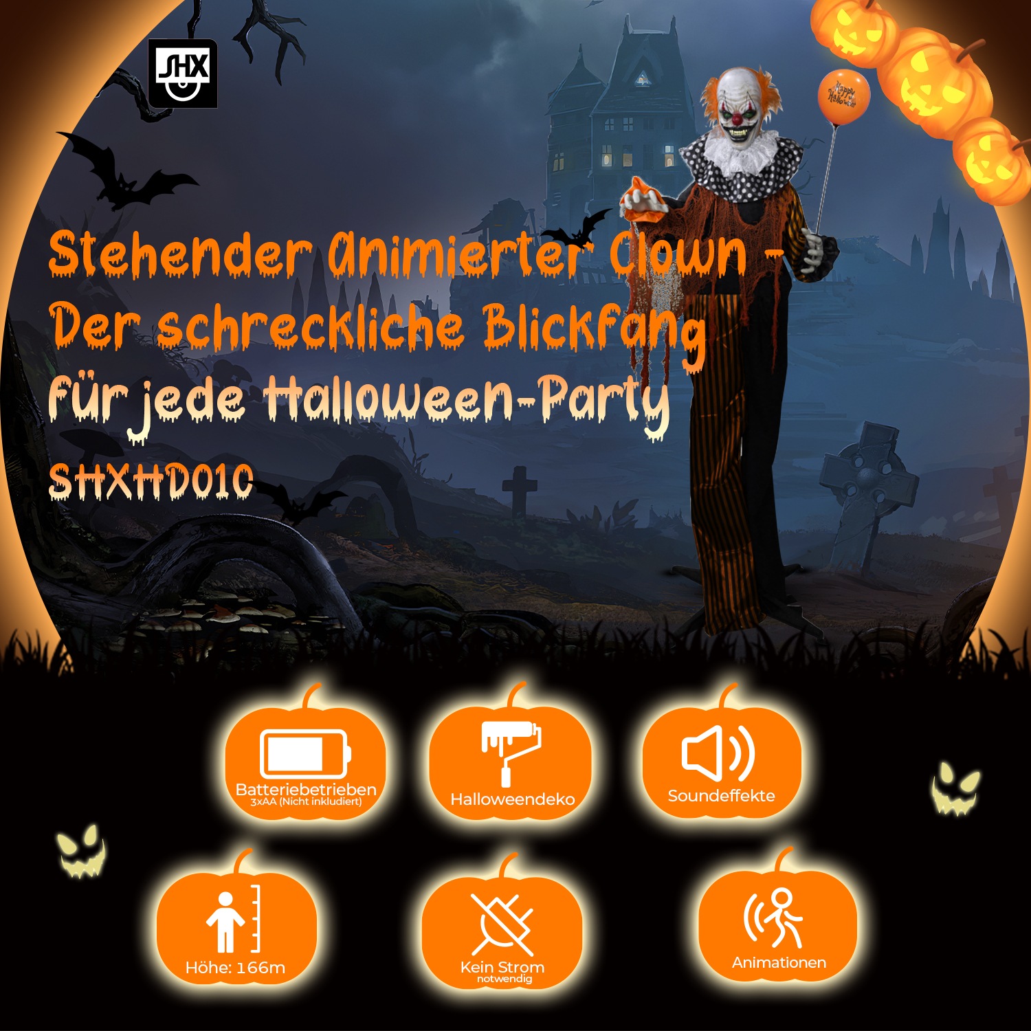SHX Dekofigur »Stehender animierter Clown«, Bewegung, Soundeffekt