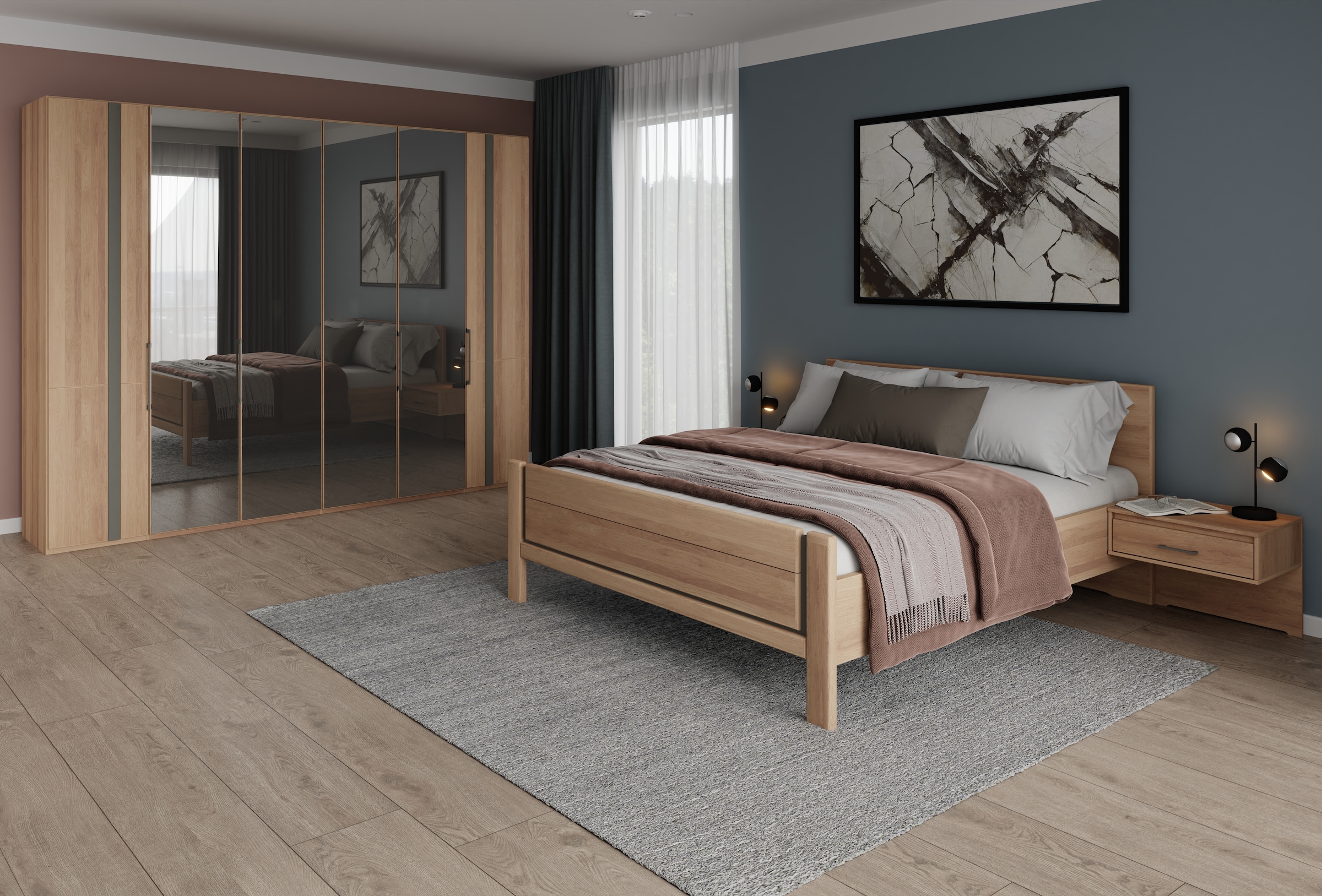 Musterring Schlafzimmer-Set »Sorrent, Kleiderschrank, Bett & Nachtkommoden, teilmassiv Eiche«, (2er-Set Nachtschränke, Drehtürenschrank 300 cm, Bett 180x200 cm), Bett mit Stollenfuß, Eiche teilmassiv, Spiegeltüren in Parsol-Bronze