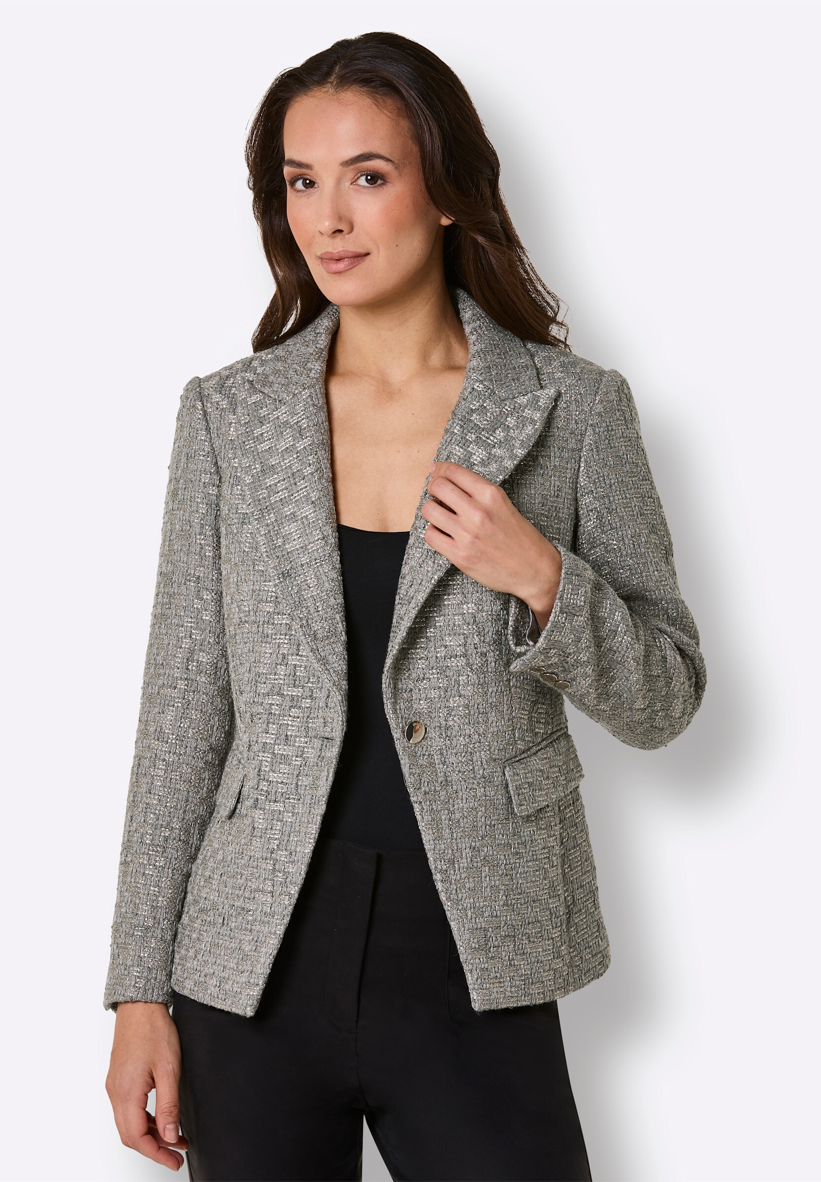 creation L Blusenblazer »Woll-Mix-Blazer Bouclé-Blazer mit schräger Kante«