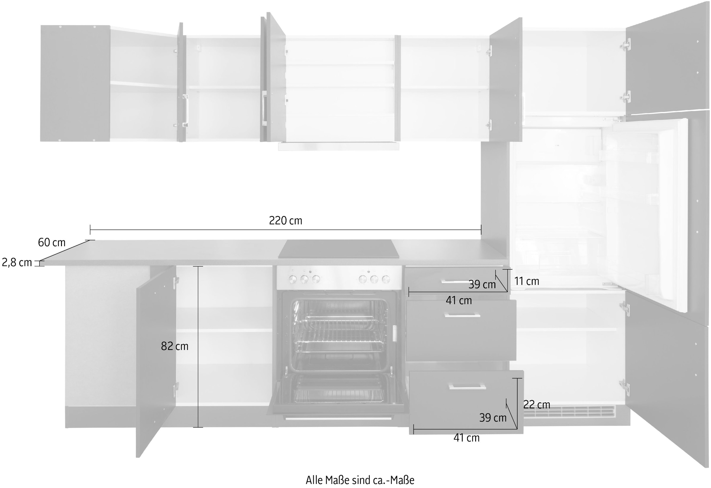 HELD MÖBEL Winkelküche »Paris«, mit E-Geräten, Stellbreite 220/280 cm