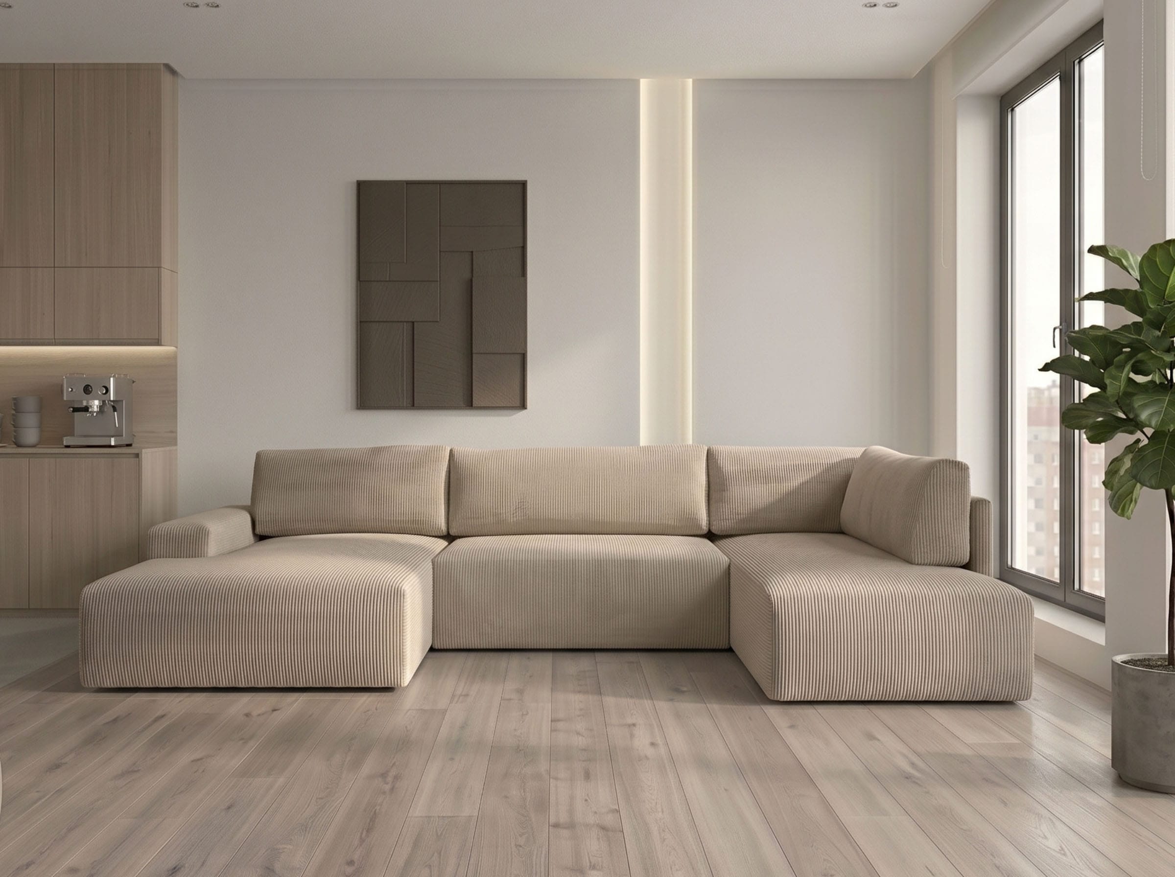 WERK2 Wohnlandschaft »Rotterdam, U-Form, in kuschelweichem Cord oder Breitcord. Breite 329cm« Design Sofa mit Schlaffunktion & Bettkasten, Cord, Natur