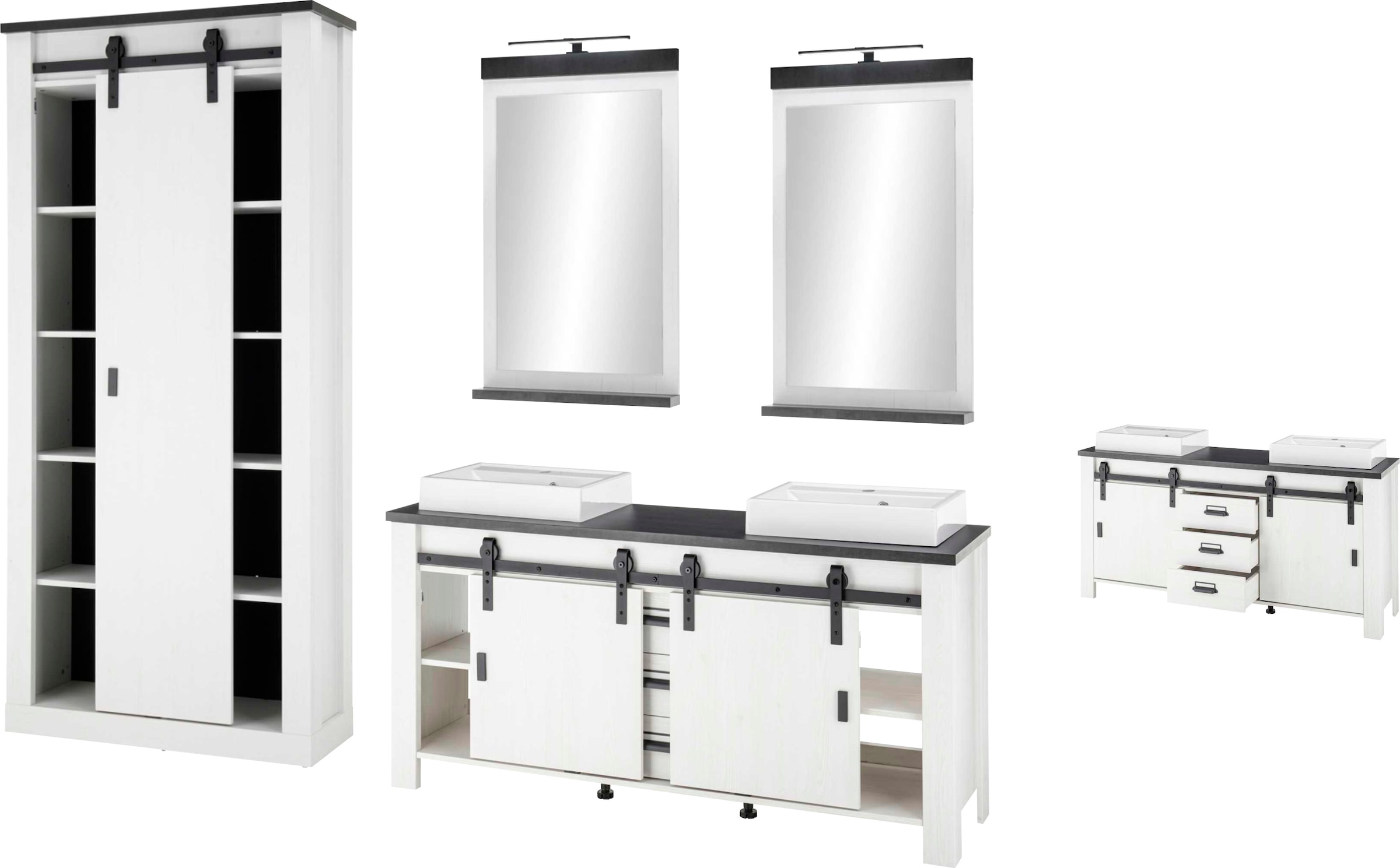 Home affaire Badmöbel-Set »SHERWOOD, Bad im modernen Design, 4-teiliges Badezimmer«, (4 St.), in 2 Farben verfügbar, Scheunentorbeschlag & Apothekergriff aus Metall