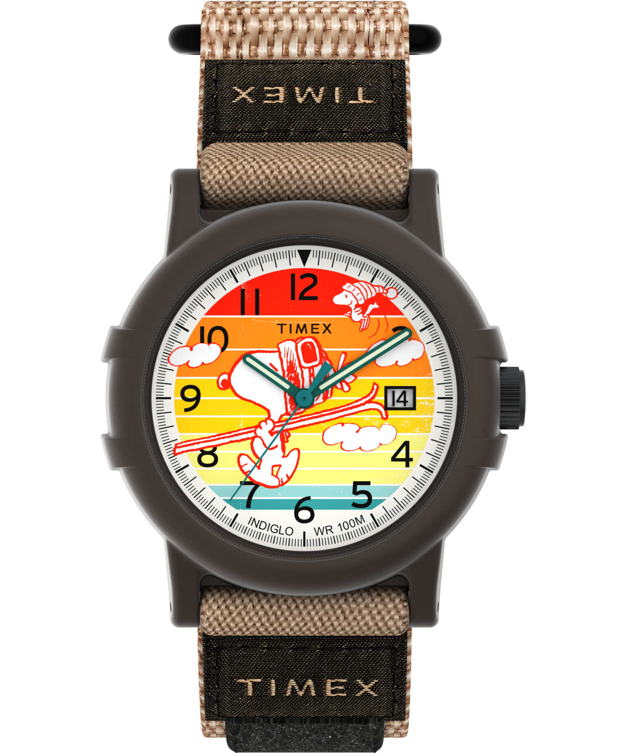 Timex Quarzuhr »TIMEX x PEANUTS CAMPER SKI« Armbanduhr, Herrenuhr, Damenuhr, Textilarmband, Datum, Beleuchtung