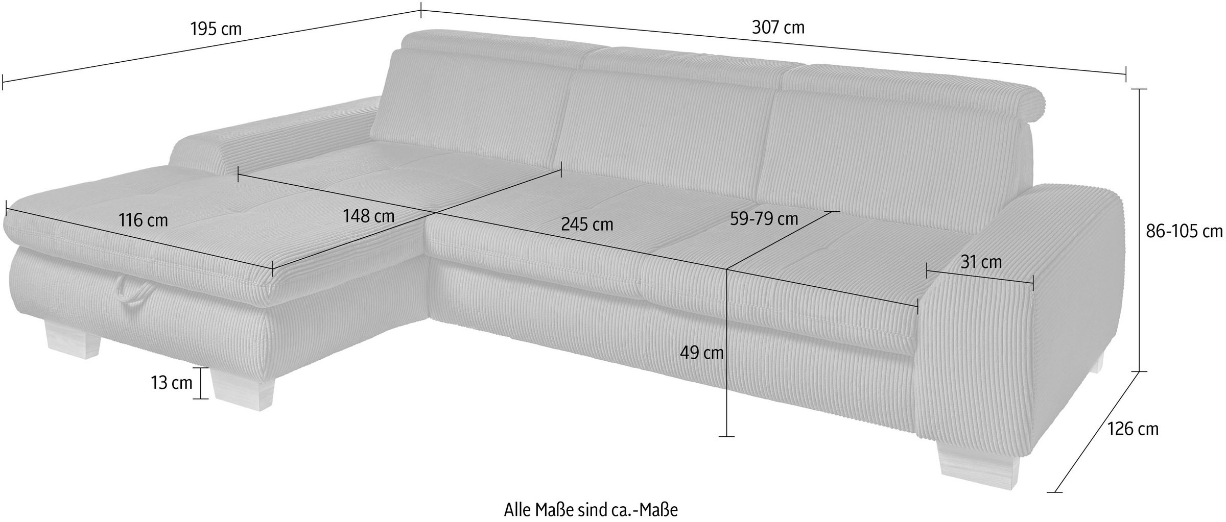 set one by Musterring Ecksofa »SO 3400, Cord, Sitzhöhe 47cm oder 49cm, inkl. Sitztiefenverstellung«, mit Canape und verschiedenen Funktionen, Kaltschaum, B307 x T195 cm