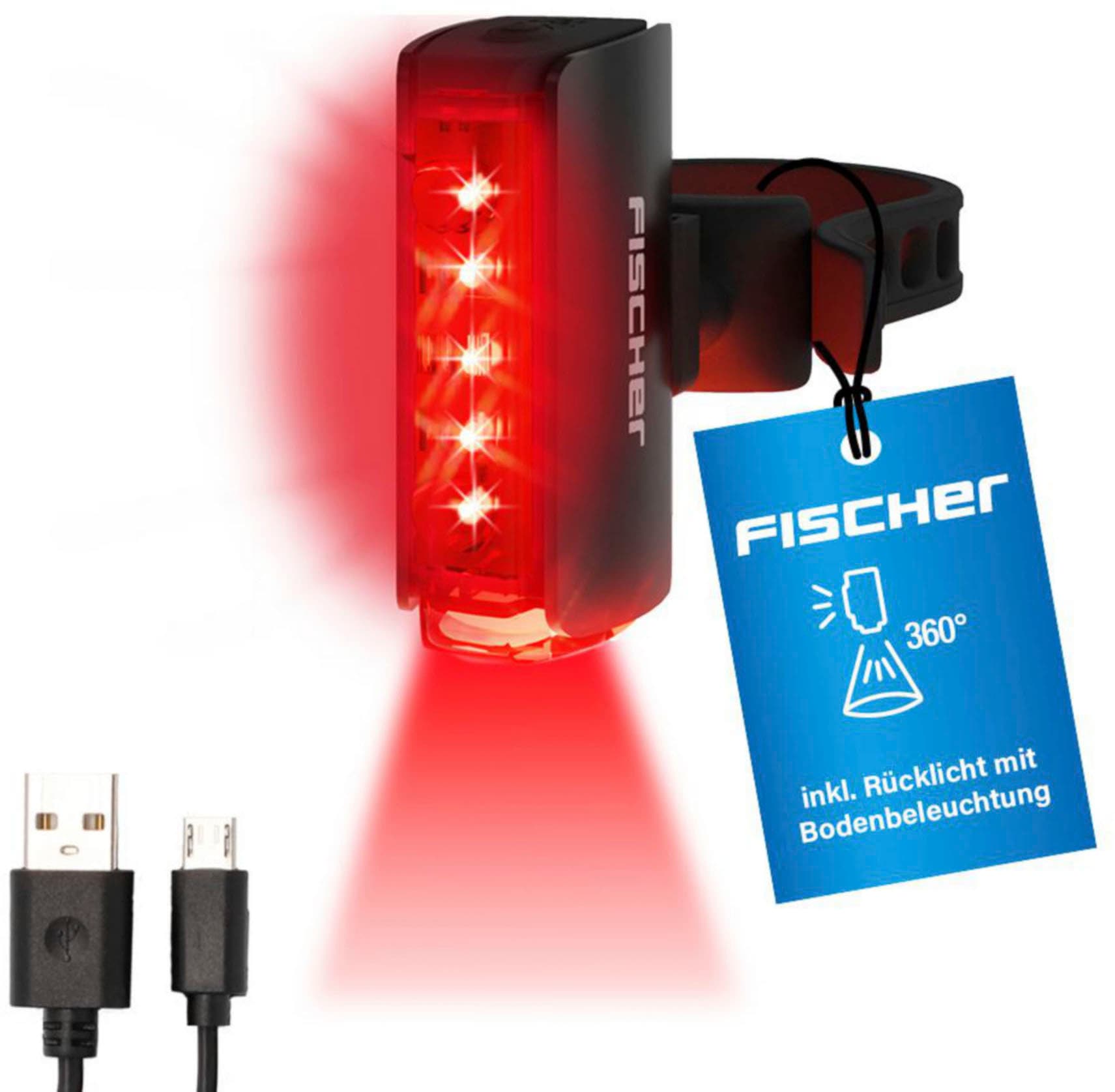 FISCHER Fahrrad Fahrrad-Rücklicht »LED-Akku Rücklicht TWIN STOP mit Bodenbeleucht. und Bremslichtfunktion«