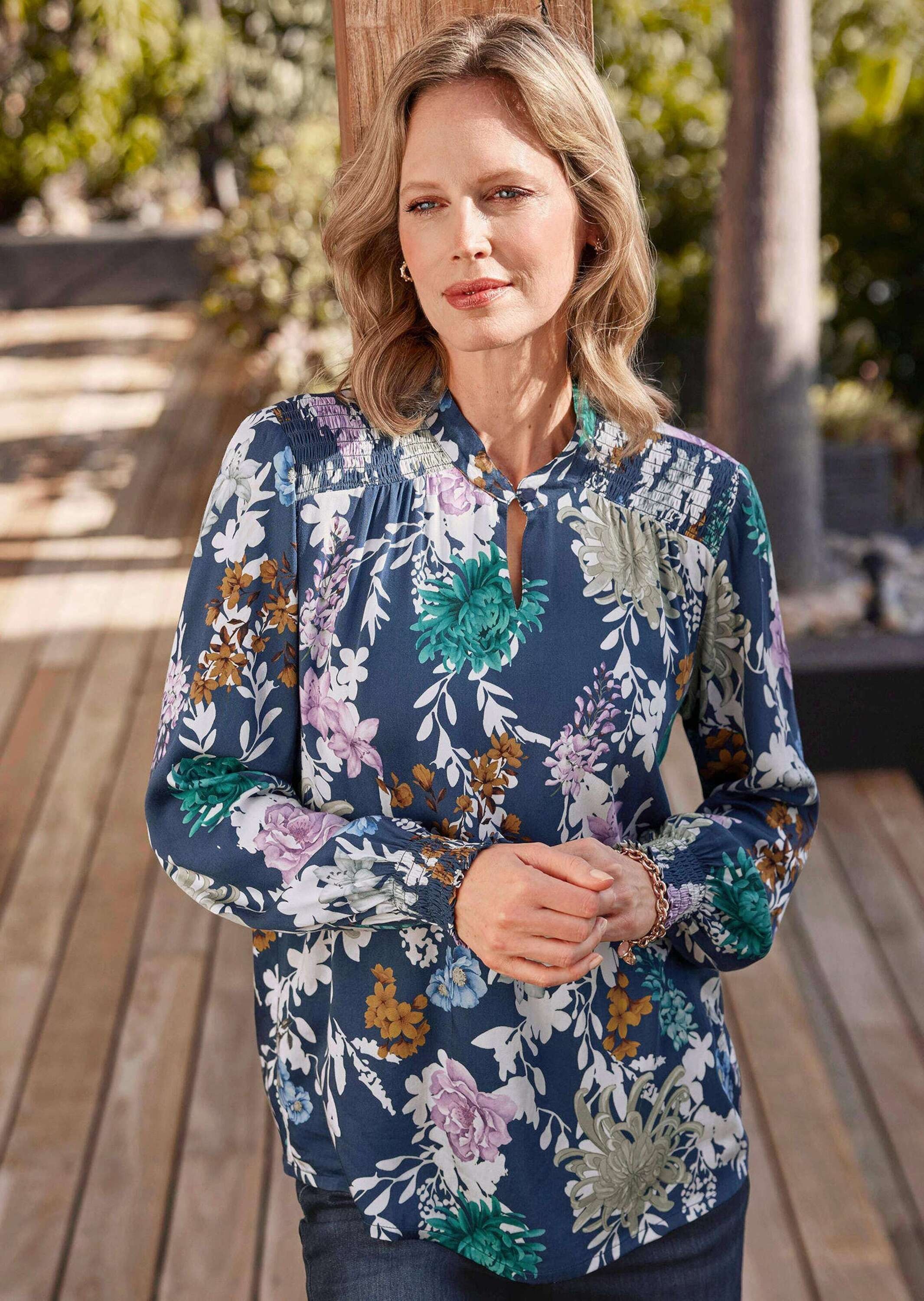 GOLDNER Schlupfbluse »Florale Viskosebluse mit Stehkragen« Smokbündchen