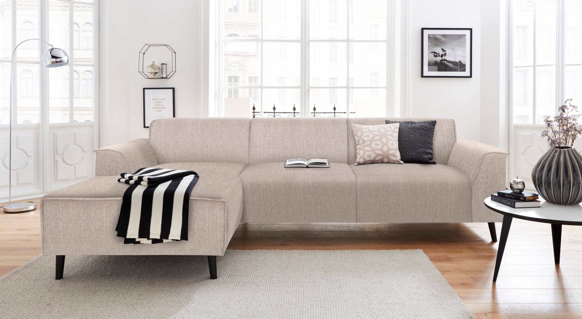 DOMO collection Ecksofa »Amora, inklusive komfortablem Federkern für mehr Sitzkomfort, L-Form«, mit Recamiere, zeitlos und elegant, Komfortsitzhöhe 47cm