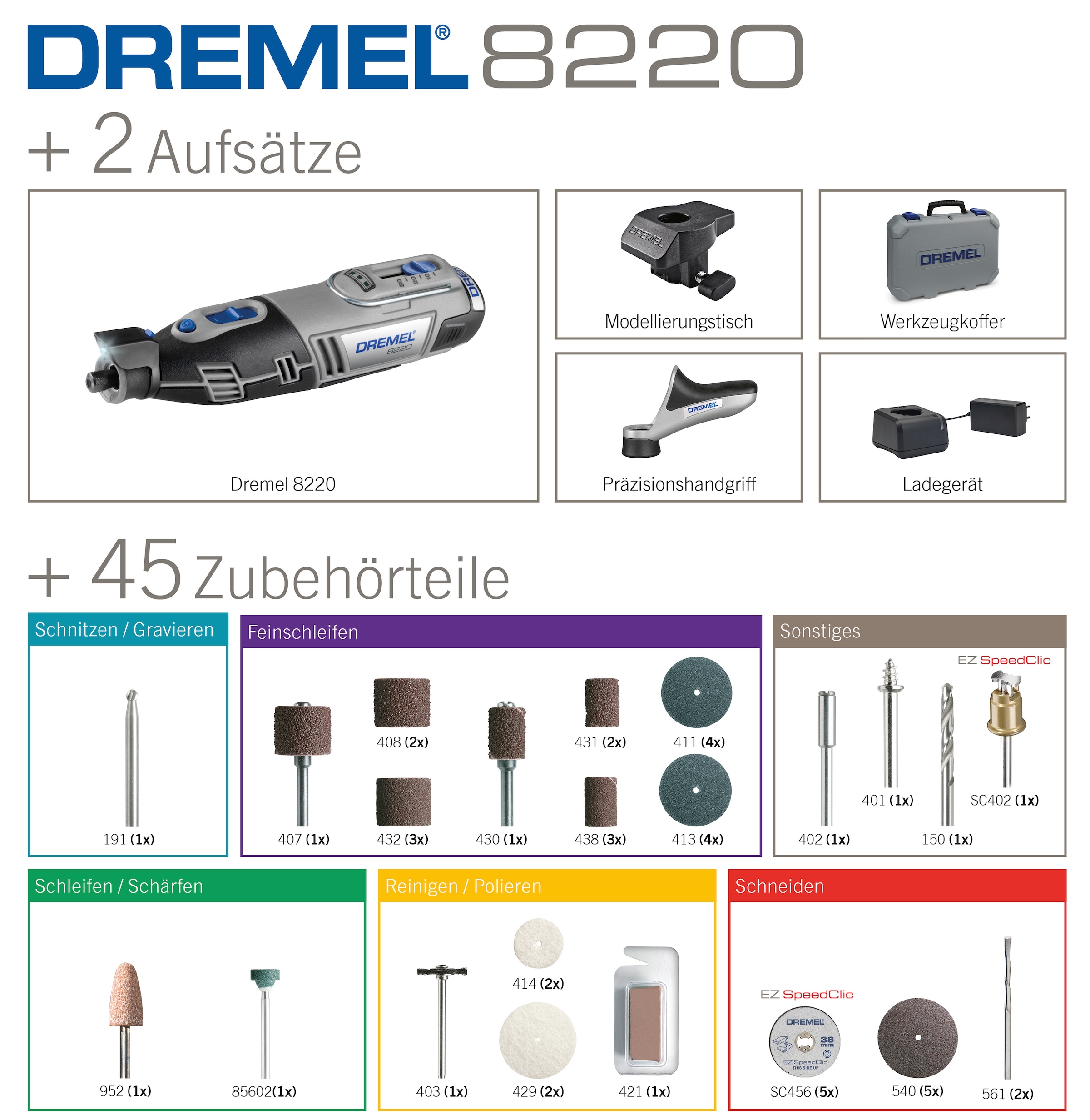 DREMEL Akku-Multifunktionswerkzeug »DREMEL® 8220-2/45«, 2 Vorsatzgeräte, 45x Zubehör, inkl. 12V Akku und Ladegerät