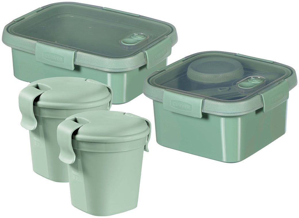 Curver Frischhaltedose »SMART ECO KIDS«, (Set, 4 tlg., bestehend aus-2 x Becher S 0,4 L-1x Lunchbox 1,1L quadratisch-1x Lunchbox 1L rechteckig), 100% Recyclingmaterial