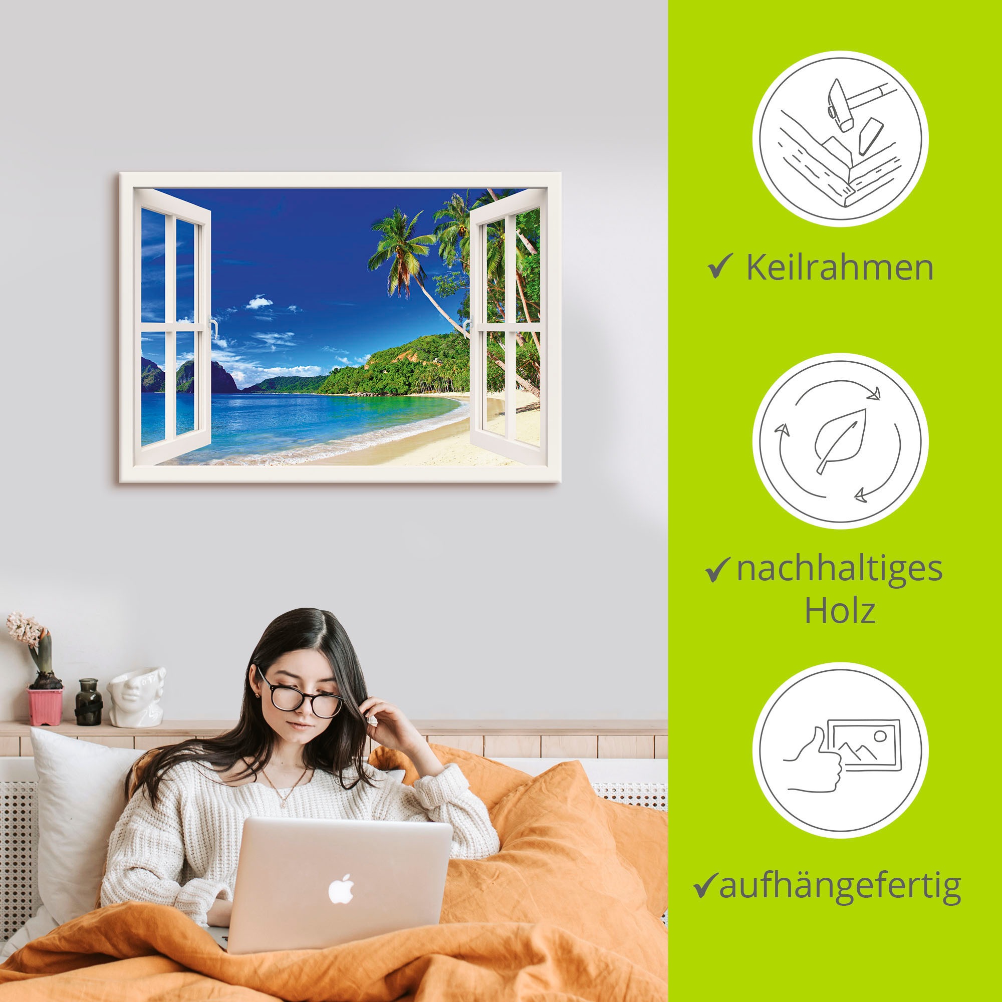 Artland Wandbild »Fensterblick Paradies«, Fensterblick, (1 St.), als Alubild, Outdoorbild, Leinwandbild, Poster, Wandaufkleber