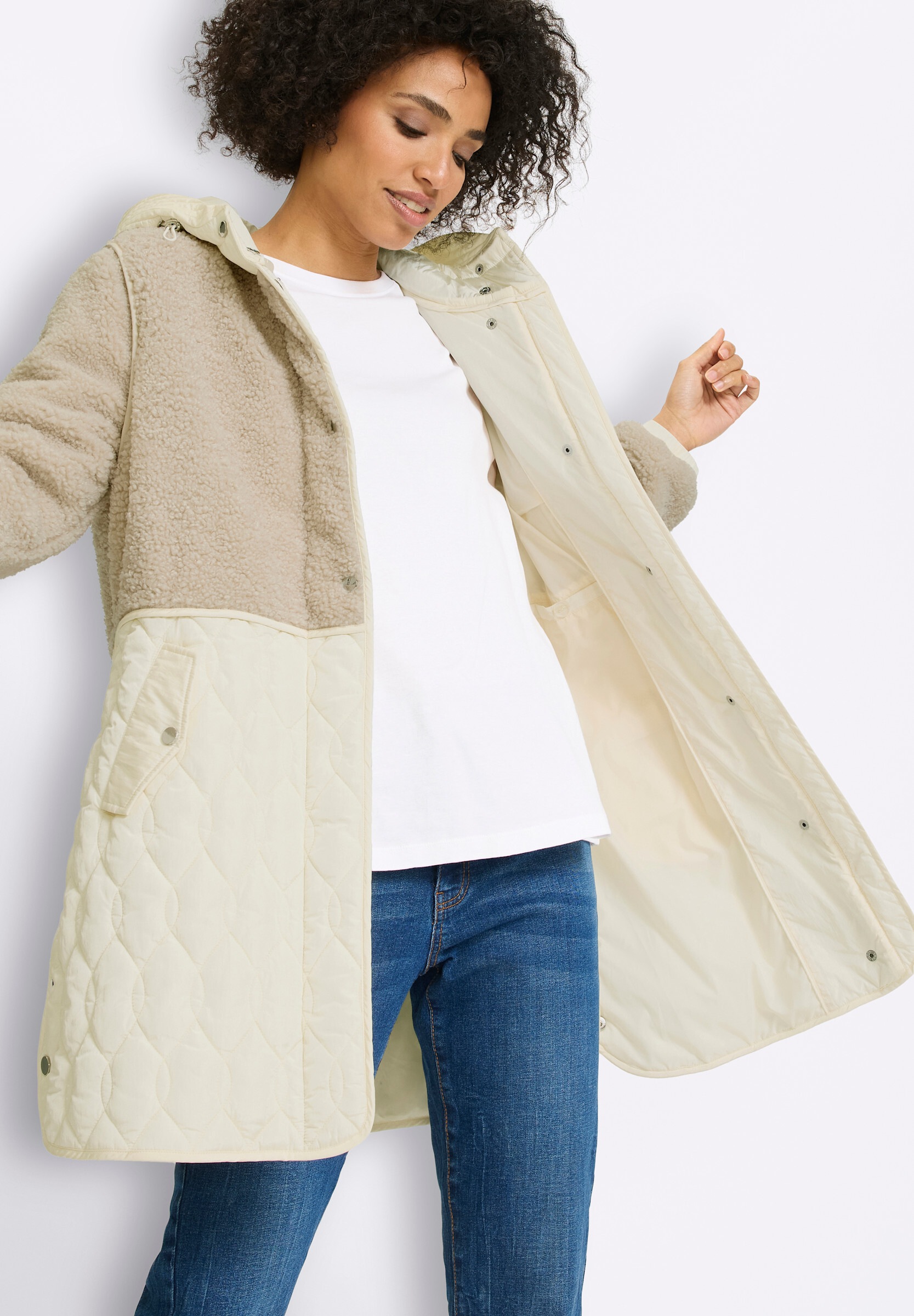 heine Steppjacke »Longjacke Longjacke Materialmix aus Teddy und Stepp« mit Kapuze