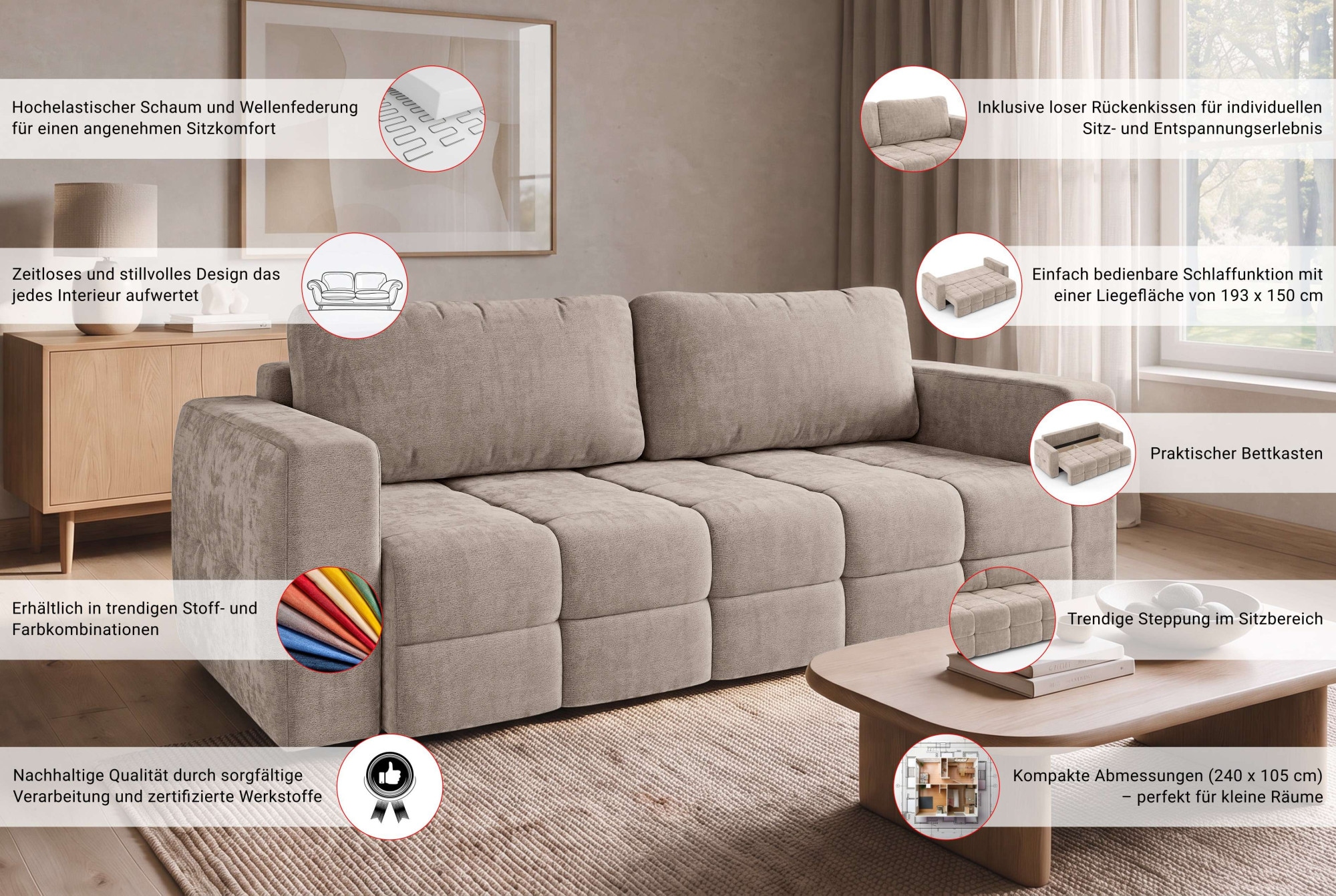 OTTO home 3-Sitzer »JONNO Schlafsofa mit Bettkasten, komfortables Sitzgefühl, Breite 242cm« Liegefläche 150x193cm, inklusive Rückenkissen, moderne Steppung