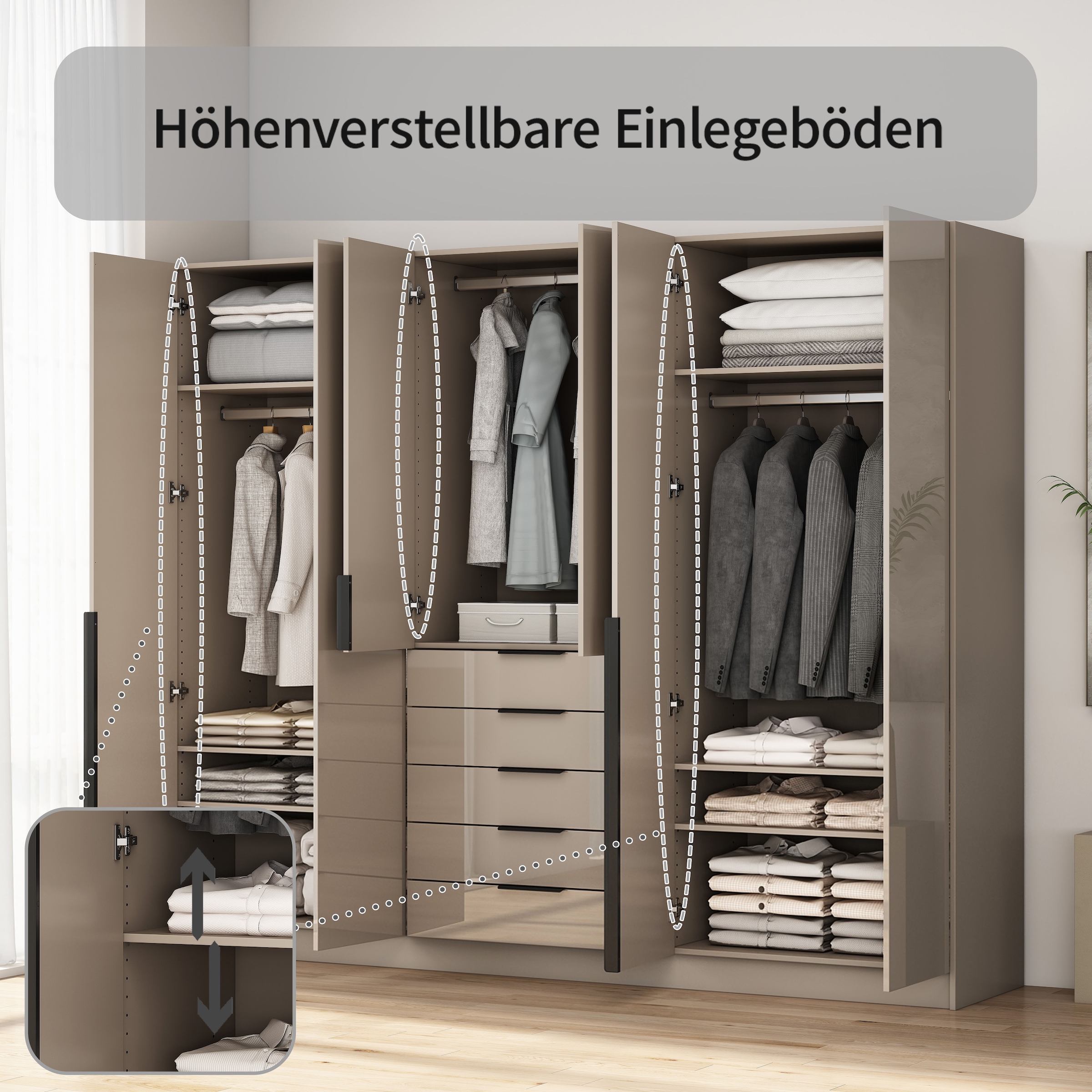 OTTO home Kleiderschrank »Annor Schlafzimmerschrank Breite 242cm hochglanz Schrank Garderobe« Drehtürenschrank mit perfekter Innenausstattung - elegante Türgriffe
