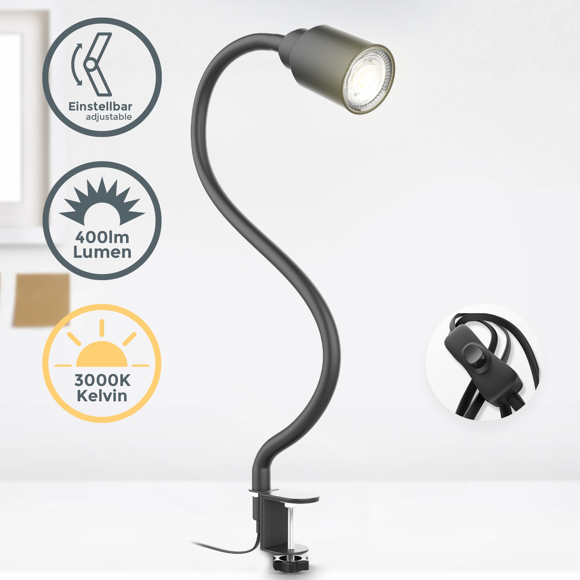 B.K.Licht Klemmleuchte »BK_KL1355 LED Klemmlampe, Inkl. 5W-GU10 Leuchtmittel, Schwarz«, 1 flammig, Leuchtmittel GU10 | LED wechselbar, 3.000K warmweißes Licht, Schwenkbar, Kippschalter, 3cm klemmbar