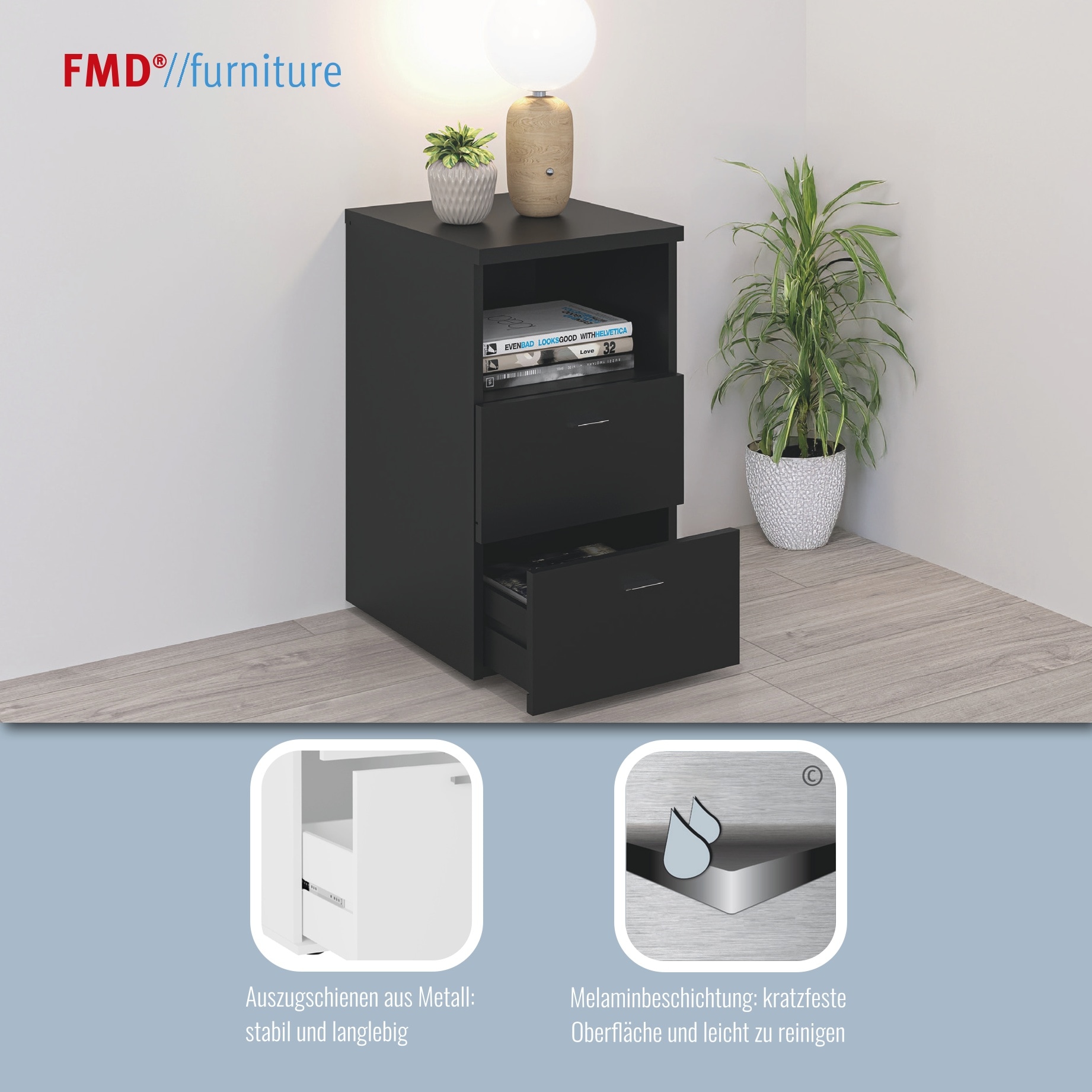 FMD Nachtkonsole »Suva« Nachttisch m. 2 Schubkästen und offenem Fach