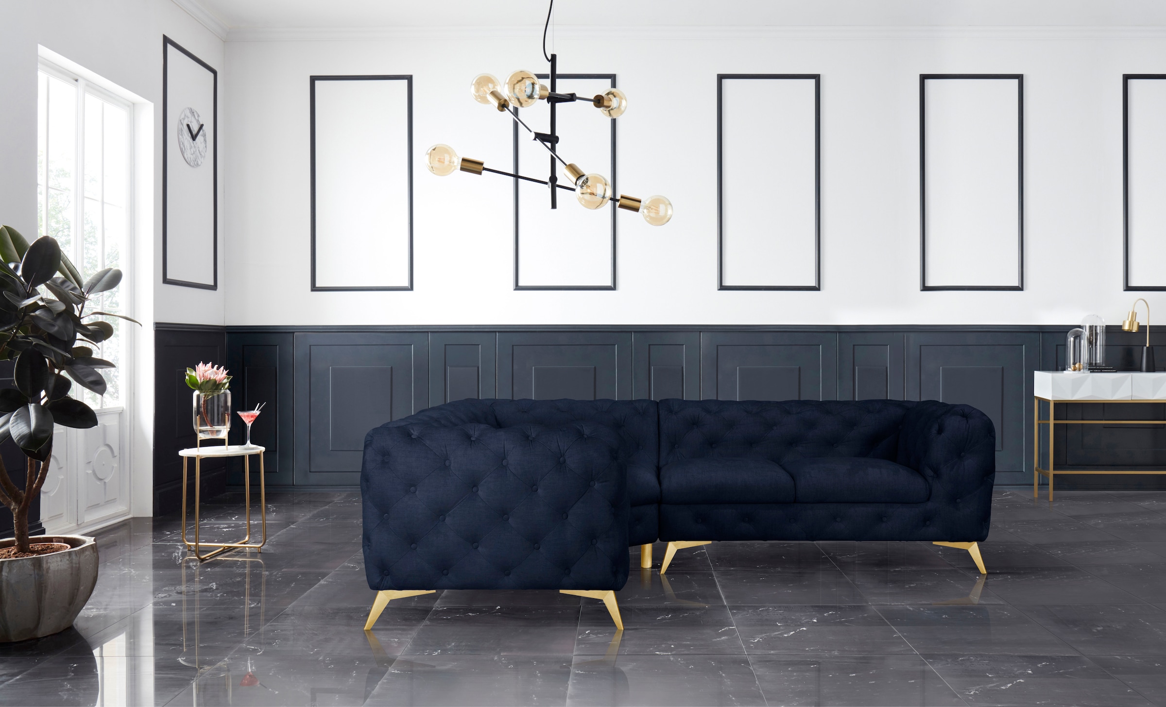 Leonique Chesterfield-Sofa »Ecksofa GLYNIS L-Form mit Wellenunterfederung, Maße B/T/H 264/204/75cm«, aufwändige Knopfheftung, moderne Chesterfield Optik, Fußfarbe wählbar
