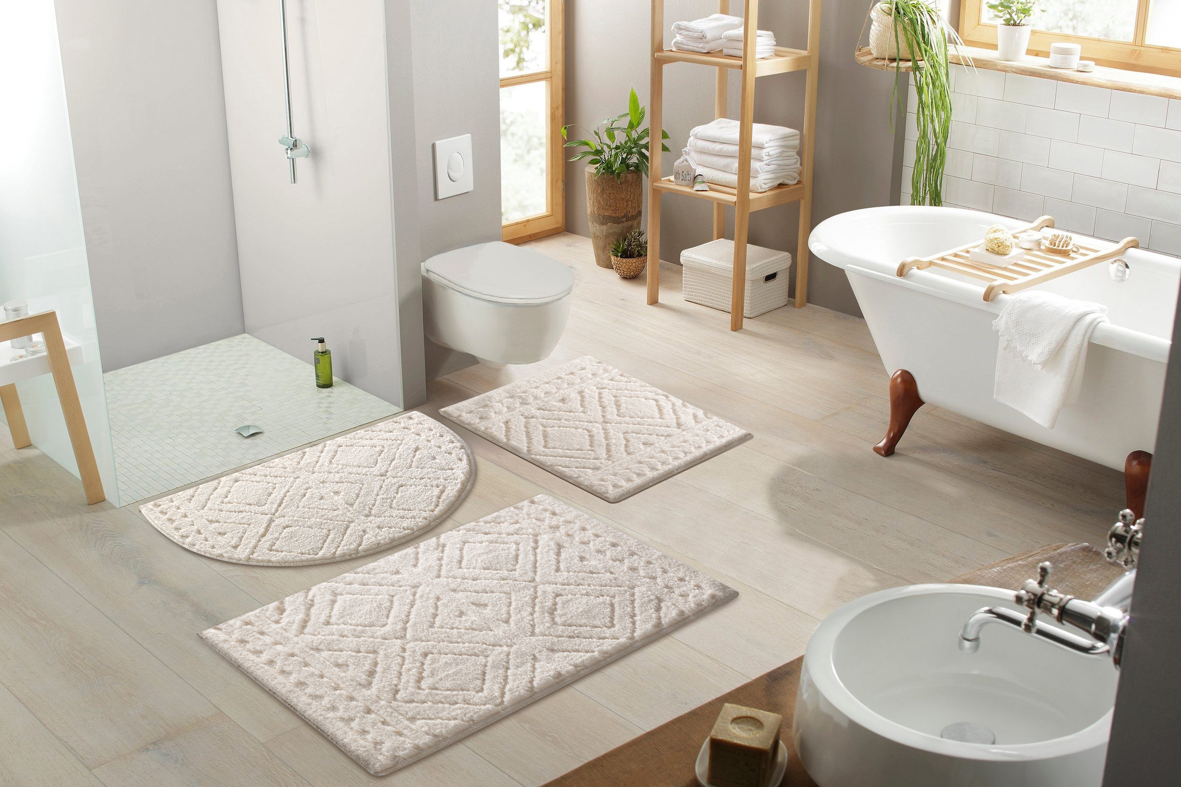 my home Badematte »Louvres, Badvorleger, Badezimmer Teppich, Duschvorleger« Höhe 10 mm rutschhemmend beschichtet schnell trocknend Badteppich, Uni Farben, Hoch-Tief Effekt, Boho-Style