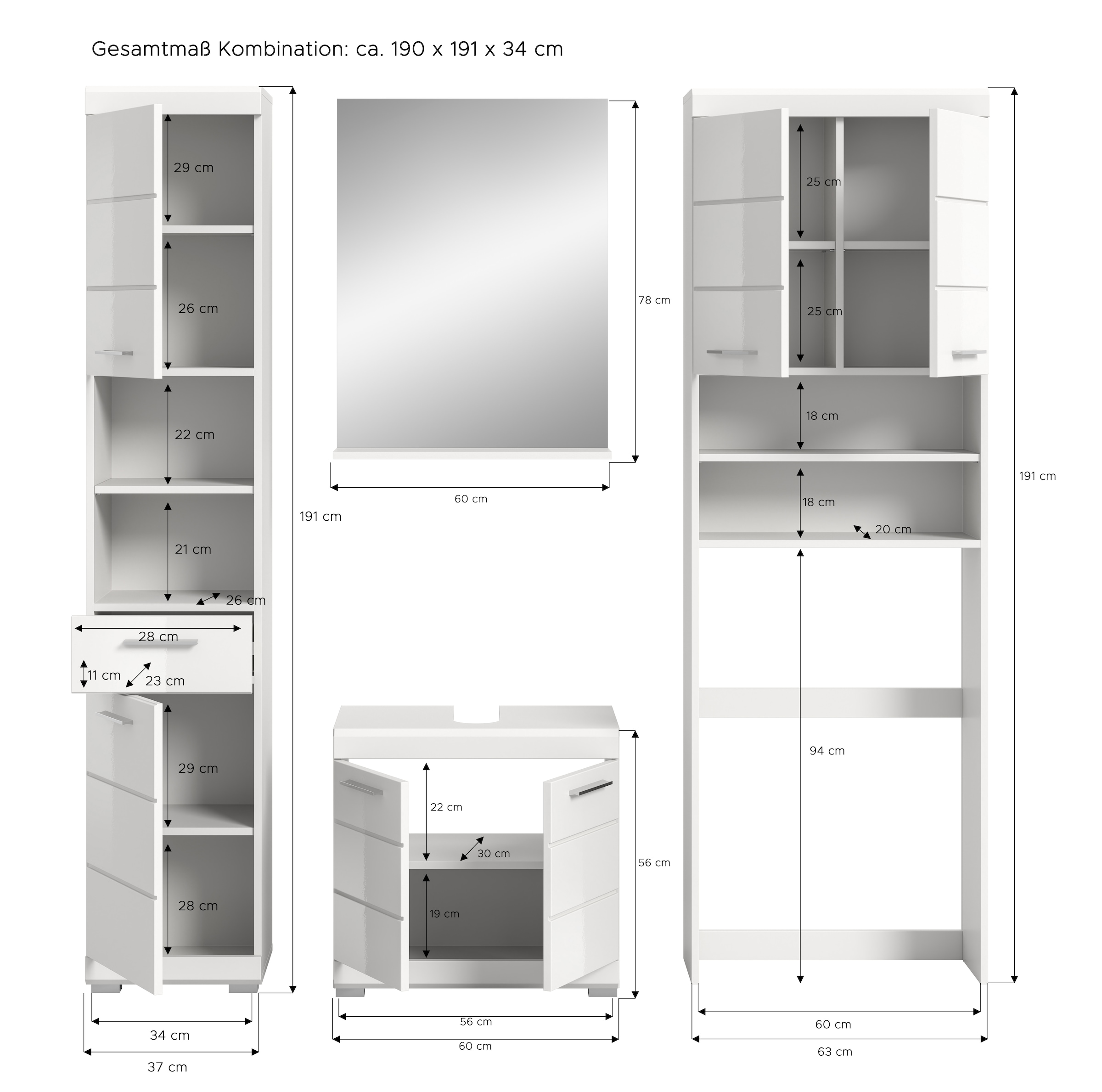 INOSIGN Badmöbel-Set »Siena, 4 teilig, bestehend aus:«, (Set), Hochschrank, WBU, Badspiegel, Waschmaschinenumbauschrank