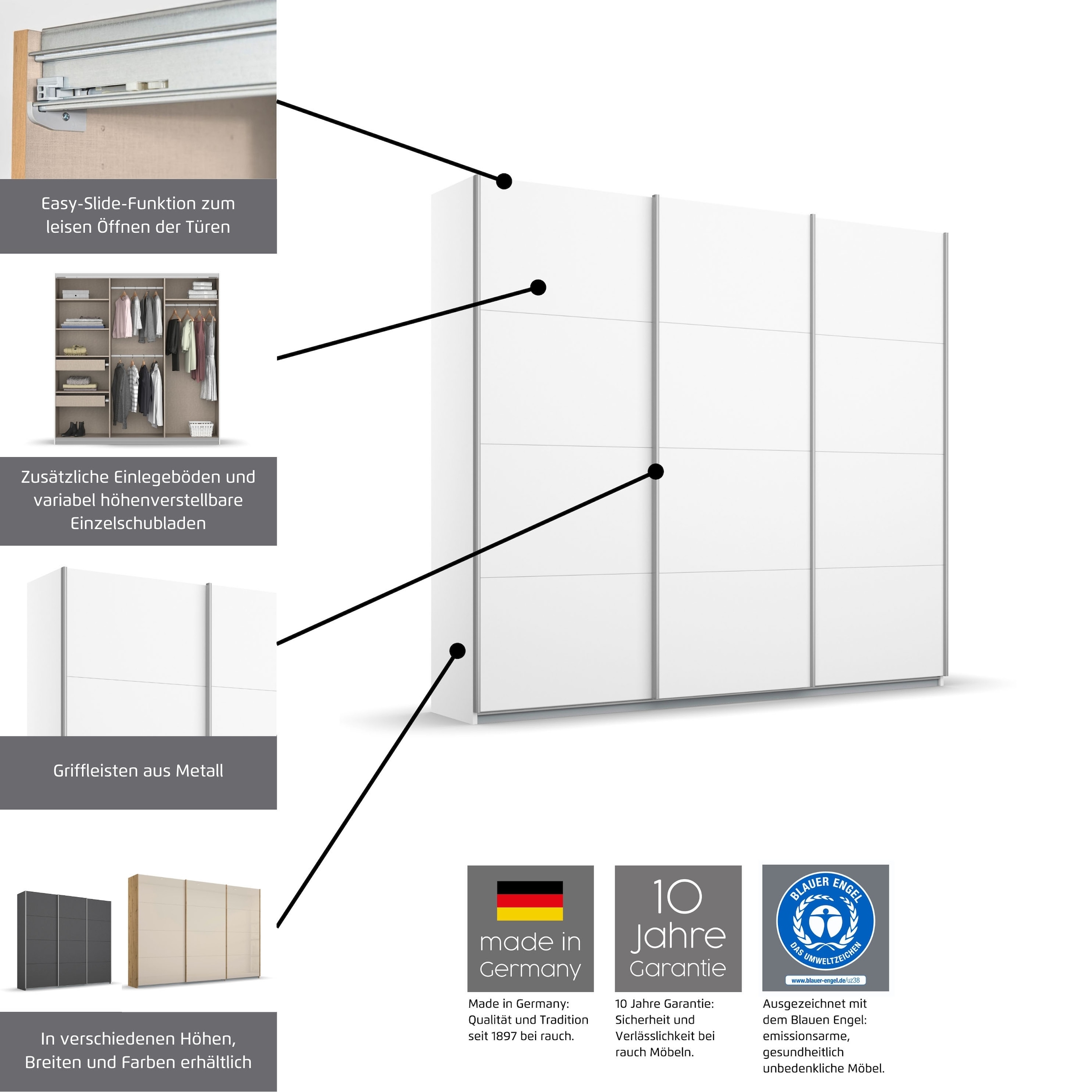 rauch Schwebetürenschrank »Kleiderschrank Schrank Garderobe BESTSELLER KOLUNA mit Spiegel«, inkl. 2 Innenschubladen sowie extra Einlegeböden MADE IN GERMANY