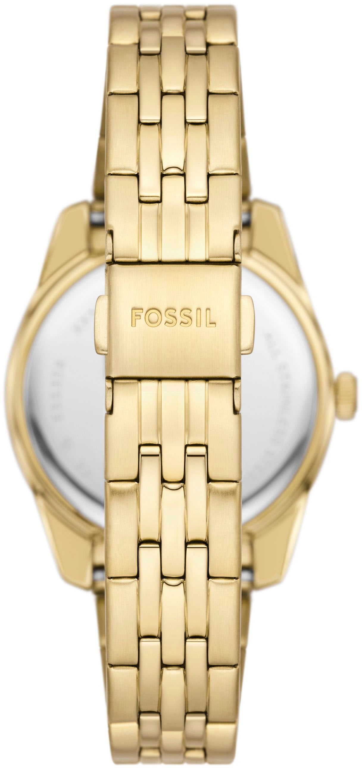 Fossil Quarzuhr »SCARLETTE MINI«, Armbanduhr, Damenuhr, Edelstahlarmband, analog, Tag, Glassteine