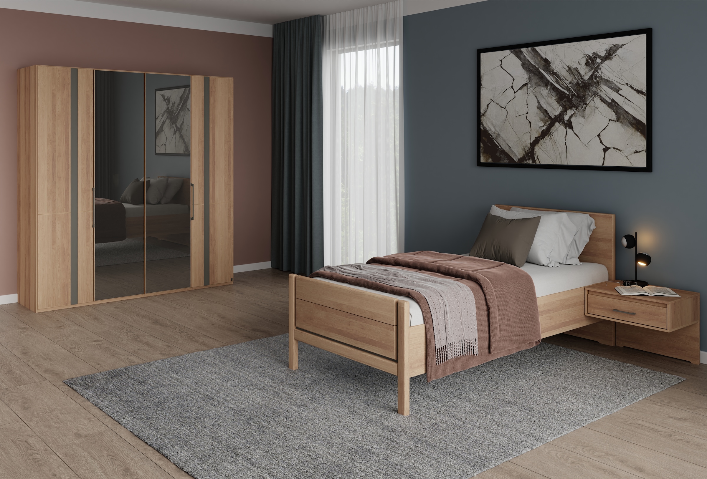 Musterring Schlafzimmer-Set »Sorrent, Kleiderschrank, Bett & Nachtkommoden, teilmassiv Eiche«, (2er-Set Nachtschränke, Drehtürenschrank 200 cm, Bett 100x200 cm), mit Dreh- und Falttüren, Schrankbreite 200cm, Bett mit Stollfuß